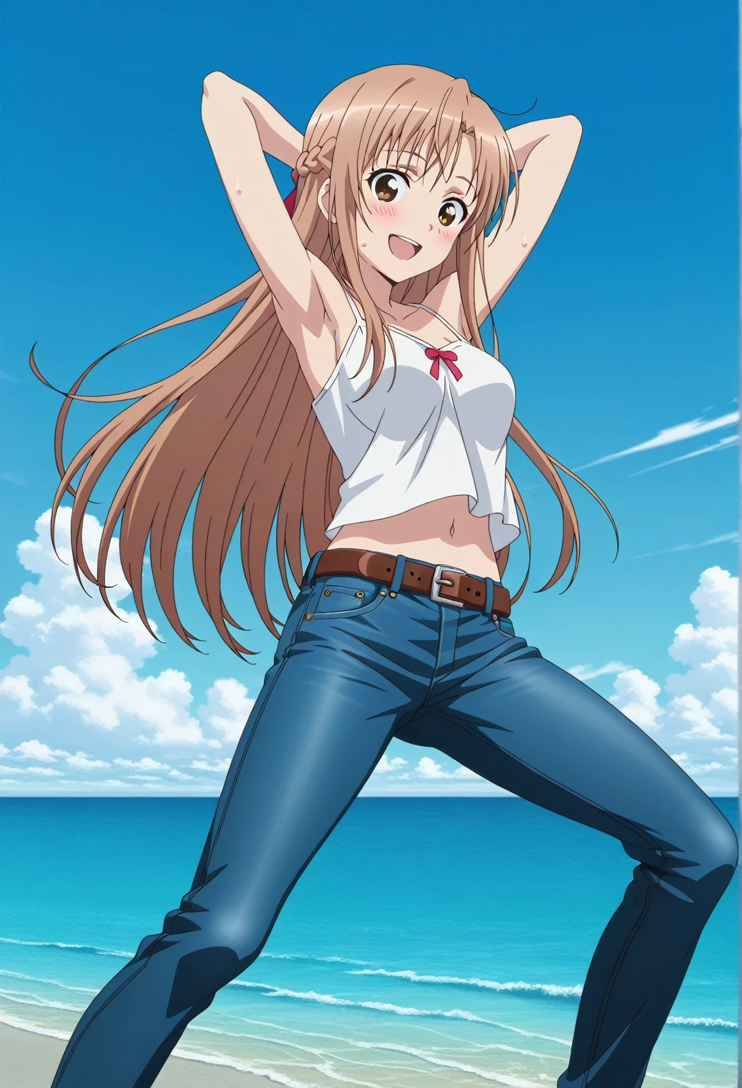 score_9, score_8_up, score_7_up, source_anime, highres, hi res, ((best quality, top quality, perfect quality, Highest Quality, amazing quality)), {{masterpiece}}, {{an extremely delicate and beautiful}}, 2d, intricate details, official style, anime, 8k, anime style, official_anime, official art, digital painting, cell shading, soft shading, high resolution, soothing tones, Subdued Color, Soft cinematic light, adobe lightroom, photolab, HDR, intricately and hyper-detailed, ((high quality animation)), 1 girl, Alone, solo, ((ocean)), tsunami, on the water, day, sunny, outdoors, sky, windy, asuna yuuki, long hair, very long hair, brown hair, brown eyes, french braid, anime screencap, , white camisole top, crop top, white crop top, best quality, hyper-detailed jeans, belt, brown belt, ((blue jeans:1.9)), (dark blue jeans:0.6), full medium body, medium shot, Open mouth, smiling, happy face, blush, sweat, standing, ((arms behind head:6.0)), bowlegged, jumping pose, action, looking at viewer, , Bend knees slightly, straight-on front view
