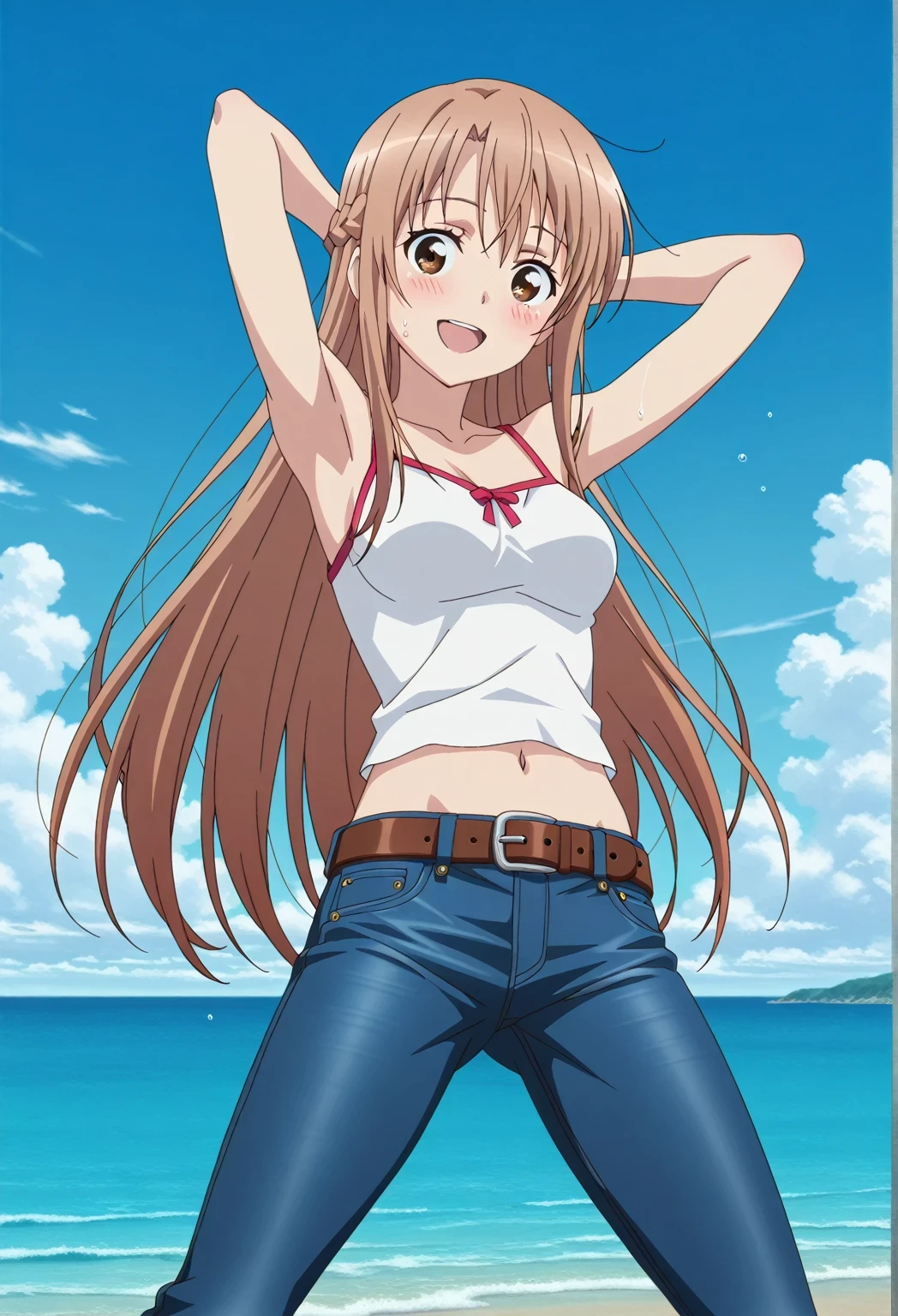 score_9, score_8_up, score_7_up, source_anime, highres, hi res, ((best quality, top quality, perfect quality, Highest Quality, amazing quality)), {{masterpiece}}, {{an extremely delicate and beautiful}}, 2d, intricate details, official style, anime, 8k, anime style, official_anime, official art, digital painting, cell shading, soft shading, high resolution, soothing tones, Subdued Color, Soft cinematic light, adobe lightroom, photolab, HDR, intricately and hyper-detailed, ((high quality animation)), 1 girl, Alone, solo, ((ocean)), tsunami, on the water, day, sunny, outdoors, sky, windy, asuna yuuki, long hair, very long hair, brown hair, brown eyes, french braid, anime screencap, , white camisole top, crop top, white crop top, best quality, hyper-detailed jeans, belt, brown belt, ((blue jeans:1.9)), (dark blue jeans:0.6), full medium body, medium shot, Open mouth, smiling, happy face, blush, sweat, standing, ((arms behind head:6.0)), bowlegged, jumping pose, action, looking at viewer, , Bend knees slightly, straight-on front view