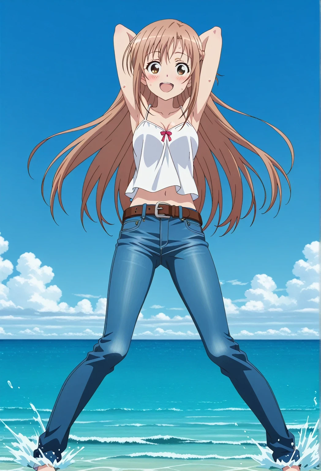 score_9, score_8_up, score_7_up, source_anime, highres, hi res, ((best quality, top quality, perfect quality, Highest Quality, amazing quality)), {{masterpiece}}, {{an extremely delicate and beautiful}}, 2d, intricate details, official style, anime, 8k, anime style, official_anime, official art, digital painting, cell shading, soft shading, high resolution, soothing tones, Subdued Color, Soft cinematic light, adobe lightroom, photolab, HDR, intricately and hyper-detailed, ((high quality animation)), 1 girl, Alone, solo, ((ocean)), tsunami, on the water, day, sunny, outdoors, sky, windy, asuna yuuki, long hair, very long hair, brown hair, brown eyes, french braid, anime screencap, , white camisole top, crop top, white crop top, best quality, hyper-detailed jeans, belt, brown belt, ((blue jeans:1.9)), (dark blue jeans:0.6), full medium body, medium shot, Open mouth, smiling, happy face, blush, sweat, standing, ((arms behind head:6.0)), bowlegged, jumping pose, action, looking at viewer, , Bend knees slightly, straight-on front view