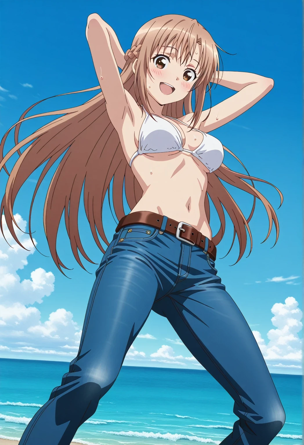 score_9, score_8_up, score_7_up, source_anime, highres, hi res, ((best quality, top quality, perfect quality, Highest Quality, amazing quality)), {{masterpiece}}, {{an extremely delicate and beautiful}}, 2d, intricate details, official style, anime, 8k, anime style, official_anime, official art, digital painting, cell shading, soft shading, high resolution, soothing tones, Subdued Color, Soft cinematic light, adobe lightroom, photolab, HDR, intricately and hyper-detailed, ((high quality animation)), 1 girl, Alone, solo, ((ocean)), tsunami, on the water, day, sunny, outdoors, sky, windy, asuna yuuki, long hair, very long hair, brown hair, brown eyes, french braid, anime screencap, , white  top, best quality, hyper-detailed jeans, belt, brown belt, ((blue jeans:1.9)), (dark blue jeans:0.6), full medium body, medium shot, Open mouth, smiling, happy face, blush, sweat, standing, ((arms behind head:6.0)), bowlegged, jumping pose, action, looking at viewer, , Bend knees slightly, straight-on front view