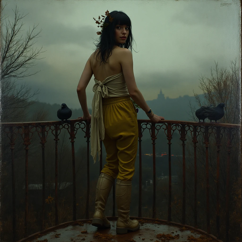 Academic oil painting style, 1880s - young woman standing, shadowy, soft lights, painting, sad, hypnotic mood, beautiful, hot act body, cold, cool palette, bright colors, full body, hair dressed in leaves, black straight cut hairstyle, on the ,standing on the roof terrace rusty wrought iron patio railing in cloudy autumn weather, suggested upward facial expression and epic hot act pose, yellow and knee-high boots, and opened Adidas green tracksuit , (there is contrast light on her face and details )and pigeons , and autumn twilight distance housing estate ,more vibrant city lights details