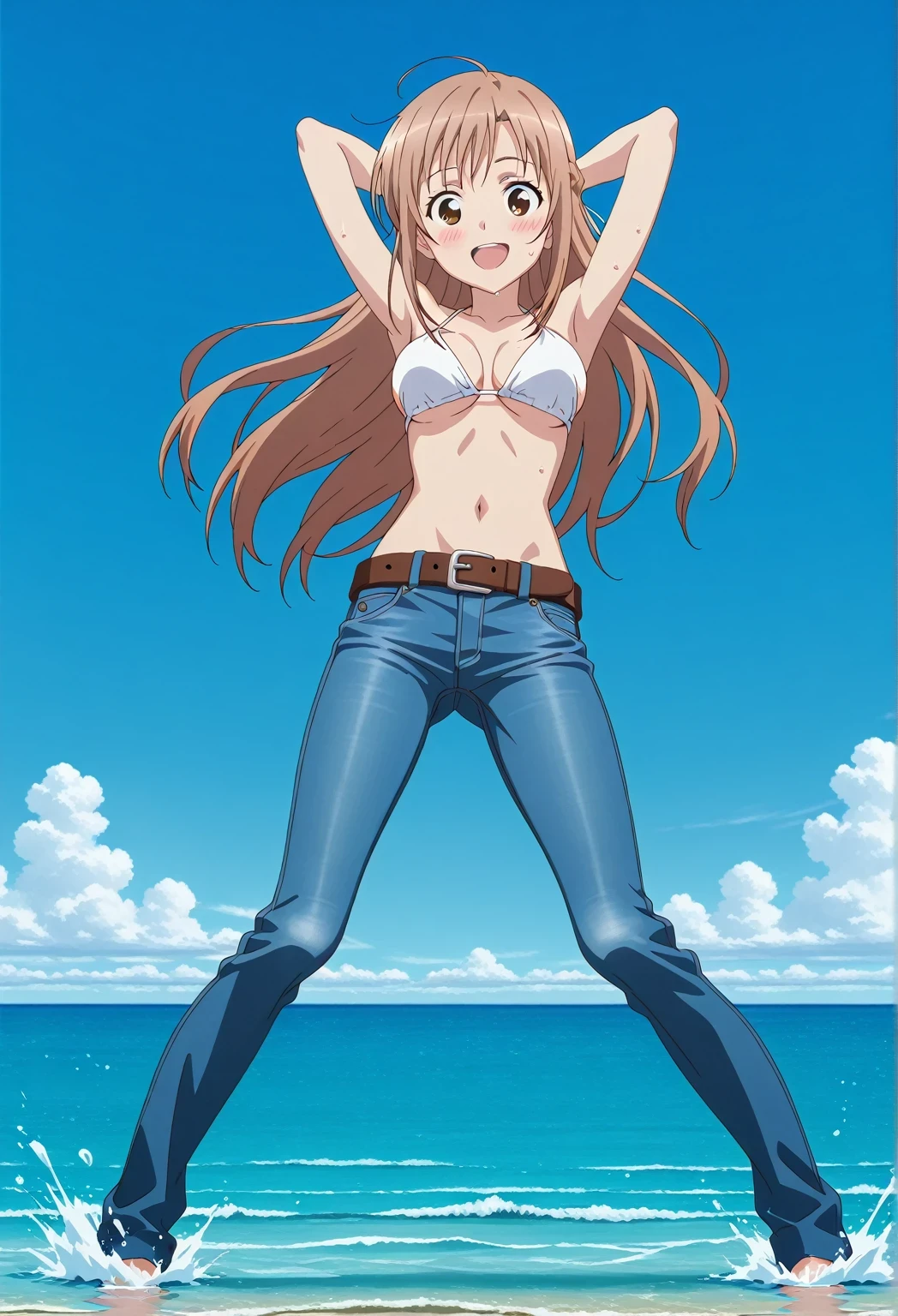 score_9, score_8_up, score_7_up, source_anime, highres, hi res, ((best quality, top quality, perfect quality, Highest Quality, amazing quality)), {{masterpiece}}, {{an extremely delicate and beautiful}}, 2d, intricate details, official style, anime, 8k, anime style, official_anime, official art, digital painting, cell shading, soft shading, high resolution, soothing tones, Subdued Color, Soft cinematic light, adobe lightroom, photolab, HDR, intricately and hyper-detailed, ((high quality animation)), 1 girl, Alone, solo, ((ocean)), tsunami, on the water, day, sunny, outdoors, sky, windy, asuna yuuki, long hair, very long hair, brown hair, brown eyes, french braid, anime screencap, , white  top, best quality, hyper-detailed jeans, belt, brown belt, ((blue jeans:1.9)), (dark blue jeans:0.6), full medium body, medium shot, Open mouth, smiling, happy face, blush, sweat, standing, ((arms behind head:6.0)), bowlegged, jumping pose, action, looking at viewer, , Bend knees slightly, straight-on front view