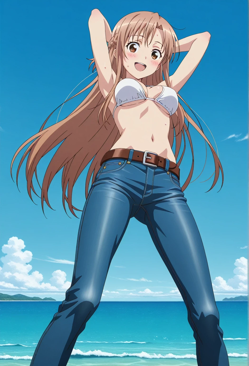 score_9, score_8_up, score_7_up, source_anime, highres, hi res, ((best quality, top quality, perfect quality, Highest Quality, amazing quality)), {{masterpiece}}, {{an extremely delicate and beautiful}}, 2d, intricate details, official style, anime, 8k, anime style, official_anime, official art, digital painting, cell shading, soft shading, high resolution, soothing tones, Subdued Color, Soft cinematic light, adobe lightroom, photolab, HDR, intricately and hyper-detailed, ((high quality animation)), 1 girl, Alone, solo, ((ocean)), tsunami, on the water, day, sunny, outdoors, sky, windy, asuna yuuki, long hair, very long hair, brown hair, brown eyes, french braid, anime screencap, , white  top, best quality, hyper-detailed jeans, belt, brown belt, ((blue jeans:1.9)), (dark blue jeans:0.6), full medium body, medium shot, Open mouth, smiling, happy face, blush, sweat, standing, ((arms behind head:6.0)), bowlegged, jumping pose, action, looking at viewer, , Bend knees slightly, straight-on front view