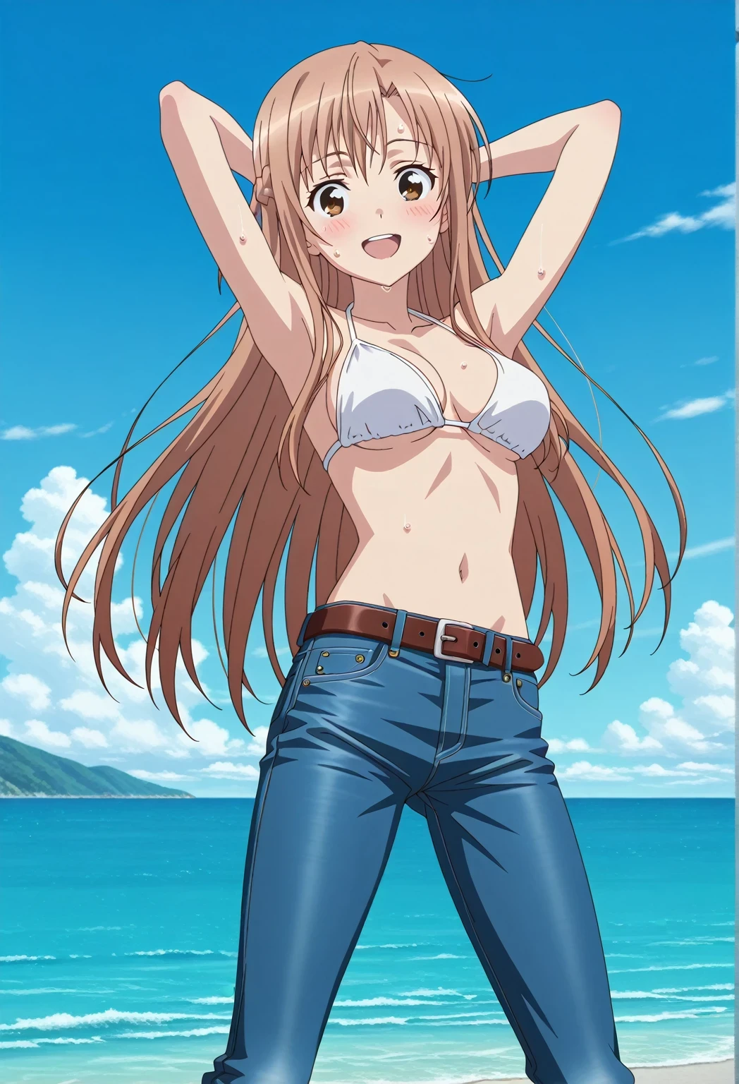 score_9, score_8_up, score_7_up, source_anime, highres, hi res, ((best quality, top quality, perfect quality, Highest Quality, amazing quality)), {{masterpiece}}, {{an extremely delicate and beautiful}}, 2d, intricate details, official style, anime, 8k, anime style, official_anime, official art, digital painting, cell shading, soft shading, high resolution, soothing tones, Subdued Color, Soft cinematic light, adobe lightroom, photolab, HDR, intricately and hyper-detailed, ((high quality animation)), 1 girl, Alone, solo, ((ocean)), tsunami, on the water, day, sunny, outdoors, sky, windy, asuna yuuki, long hair, very long hair, brown hair, brown eyes, french braid, anime screencap, , white top, best quality, hyper-detailed jeans, belt, brown belt, ((blue jeans:1.9)), (dark blue jeans:0.6), full medium body, medium shot, Open mouth, smiling, happy face, blush, sweat, standing, ((arms behind head:6.0)), bowlegged, jumping pose, action, looking at viewer, , Bend knees slightly, straight-on front view
