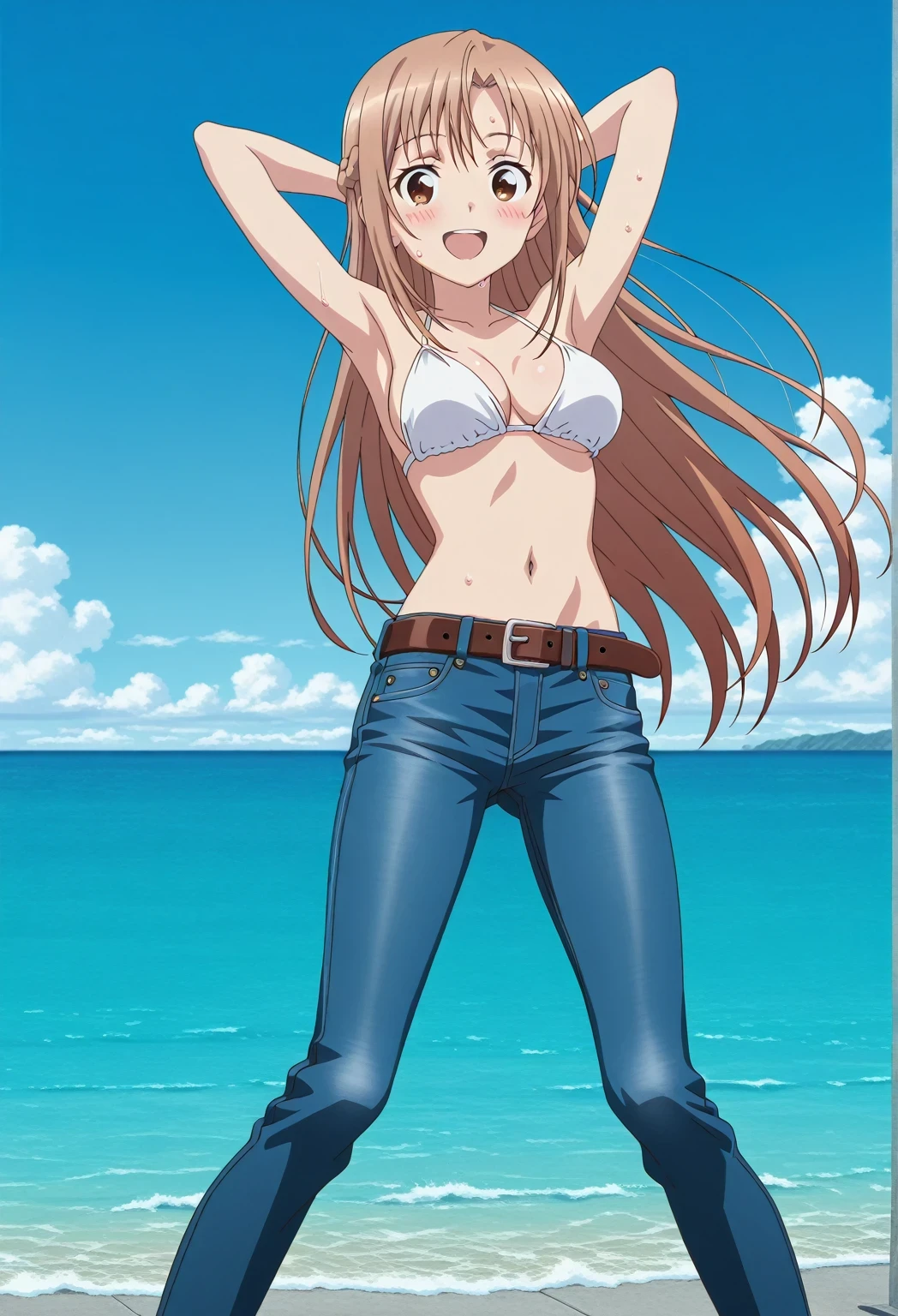 score_9, score_8_up, score_7_up, source_anime, highres, hi res, ((best quality, top quality, perfect quality, Highest Quality, amazing quality)), {{masterpiece}}, {{an extremely delicate and beautiful}}, 2d, intricate details, official style, anime, 8k, anime style, official_anime, official art, digital painting, cell shading, soft shading, high resolution, soothing tones, Subdued Color, Soft cinematic light, adobe lightroom, photolab, HDR, intricately and hyper-detailed, ((high quality animation)), 1 girl, Alone, solo, ((ocean)), tsunami, on the water, day, sunny, outdoors, sky, windy, asuna yuuki, long hair, very long hair, brown hair, brown eyes, french braid, anime screencap, , white  top, best quality, hyper-detailed jeans, belt, brown belt, ((blue jeans:1.9)), (dark blue jeans:0.6), full medium body, medium shot, Open mouth, smiling, happy face, blush, sweat, standing, ((arms behind head:6.0)), bowlegged, jumping pose, action, looking at viewer, , Bend knees slightly, straight-on front view