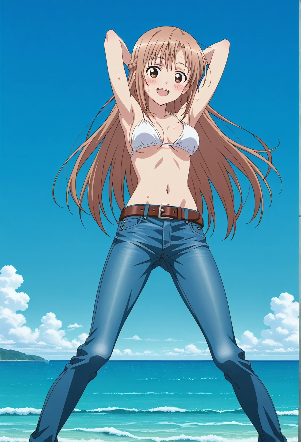 score_9, score_8_up, score_7_up, source_anime, highres, hi res, ((best quality, top quality, perfect quality, Highest Quality, amazing quality)), {{masterpiece}}, {{an extremely delicate and beautiful}}, 2d, intricate details, official style, anime, 8k, anime style, official_anime, official art, digital painting, cell shading, soft shading, high resolution, soothing tones, Subdued Color, Soft cinematic light, adobe lightroom, photolab, HDR, intricately and hyper-detailed, ((high quality animation)), 1 girl, Alone, solo, ((ocean)), tsunami, on the water, day, sunny, outdoors, sky, windy, asuna yuuki, long hair, very long hair, brown hair, brown eyes, french braid, anime screencap, , white  top, best quality, hyper-detailed jeans, belt, brown belt, ((blue jeans:1.9)), (dark blue jeans:0.6), full medium body, medium shot, Open mouth, smiling, happy face, blush, sweat, standing, ((arms behind head:6.0)), bowlegged, jumping pose, action, looking at viewer, , Bend knees slightly, straight-on front view