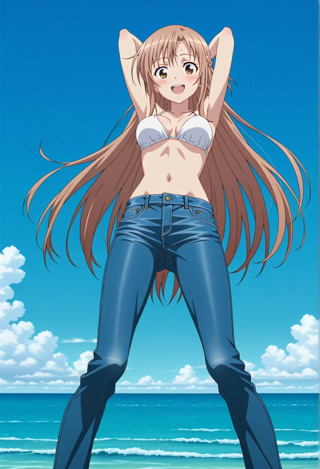score_9, score_8_up, score_7_up, source_anime, highres, hi res, ((best quality, top quality, perfect quality, Highest Quality, amazing quality)), {{masterpiece}}, {{an extremely delicate and beautiful}}, 2d, intricate details, official style, anime, 8k, anime style, official_anime, official art, digital painting, cell shading, soft shading, high resolution, soothing tones, Subdued Color, Soft cinematic light, adobe lightroom, photolab, HDR, intricately and hyper-detailed, ((high quality animation)), 1 girl, Alone, solo, ((ocean)), tsunami, on the water, day, sunny, outdoors, sky, windy, asuna yuuki, long hair, very long hair, brown hair, brown eyes, french braid, anime screencap, , white  top, best quality, hyper-detailed jeans, ((blue jeans:1.9)), (dark blue jeans:0.6), full medium body, medium shot, Open mouth, smiling, happy face, blush, sweat, standing, ((arms behind head:6.0)), bowlegged, jumping pose, action, looking at viewer, , Bend knees slightly, straight-on front view