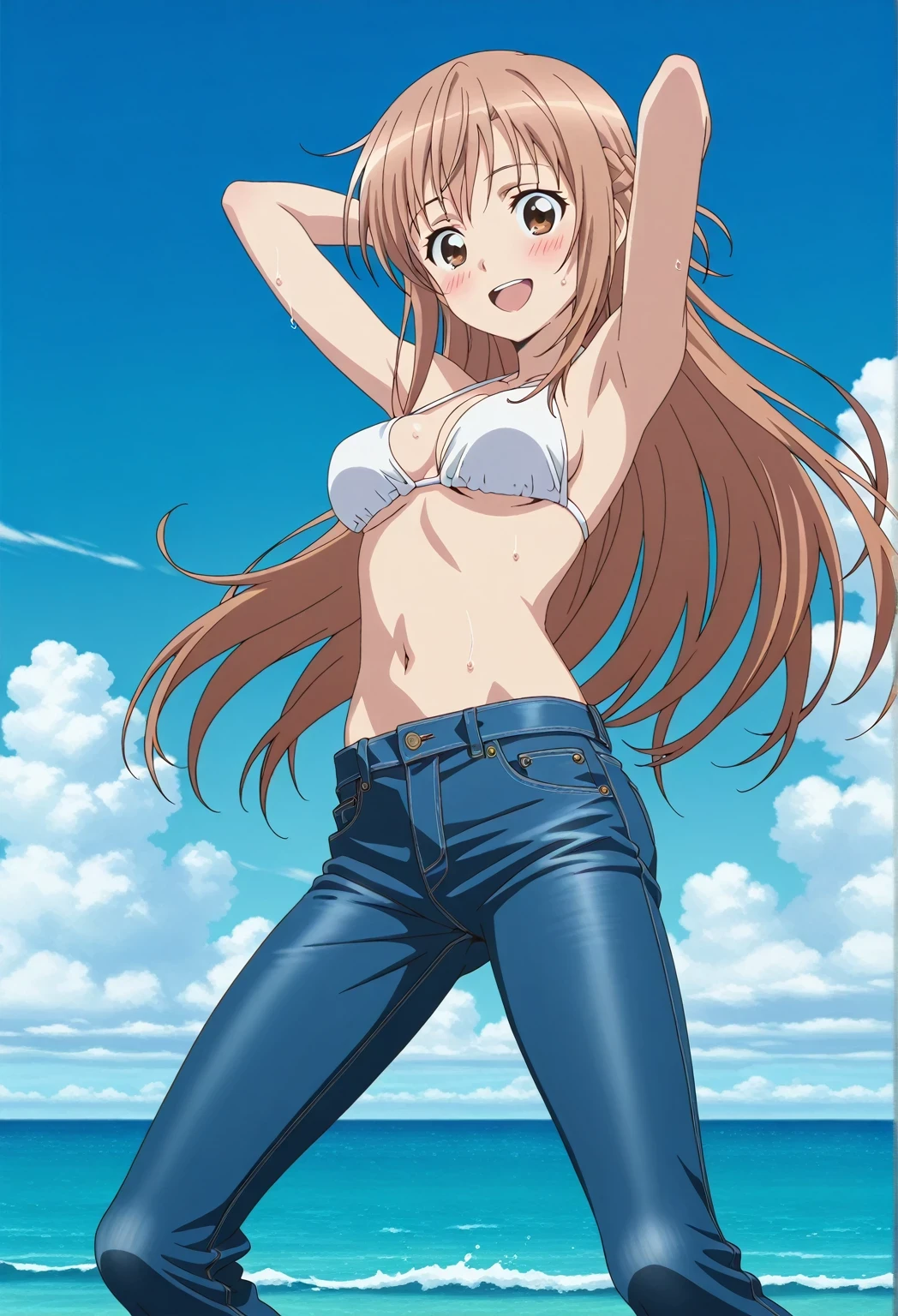 score_9, score_8_up, score_7_up, source_anime, highres, hi res, ((best quality, top quality, perfect quality, Highest Quality, amazing quality)), {{masterpiece}}, {{an extremely delicate and beautiful}}, 2d, intricate details, official style, anime, 8k, anime style, official_anime, official art, digital painting, cell shading, soft shading, high resolution, soothing tones, Subdued Color, Soft cinematic light, adobe lightroom, photolab, HDR, intricately and hyper-detailed, ((high quality animation)), 1 girl, Alone, solo, ((ocean)), tsunami, on the water, day, sunny, outdoors, sky, windy, asuna yuuki, long hair, very long hair, brown hair, brown eyes, french braid, anime screencap, , white  top, best quality, hyper-detailed jeans, ((blue jeans:1.9)), (dark blue jeans:0.6), full medium body, medium shot, Open mouth, smiling, happy face, blush, sweat, standing, ((arms behind head:6.0)), bowlegged, jumping pose, action, looking at viewer, , Bend knees slightly, straight-on front view