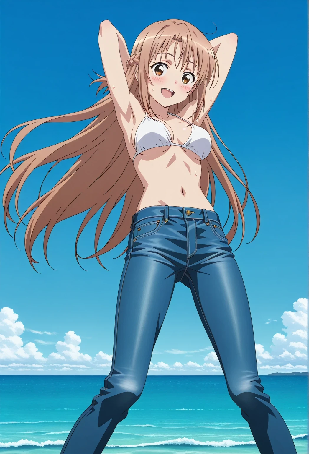 score_9, score_8_up, score_7_up, source_anime, highres, hi res, ((best quality, top quality, perfect quality, Highest Quality, amazing quality)), {{masterpiece}}, {{an extremely delicate and beautiful}}, 2d, intricate details, official style, anime, 8k, anime style, official_anime, official art, digital painting, cell shading, soft shading, high resolution, soothing tones, Subdued Color, Soft cinematic light, adobe lightroom, photolab, HDR, intricately and hyper-detailed, ((high quality animation)), 1 girl, Alone, solo, ((ocean)), tsunami, on the water, day, sunny, outdoors, sky, windy, asuna yuuki, long hair, very long hair, brown hair, brown eyes, french braid, anime screencap, , white  top, best quality, hyper-detailed jeans, ((blue jeans:1.9)), (dark blue jeans:0.6), full medium body, medium shot, Open mouth, smiling, happy face, blush, sweat, standing, ((arms behind head:6.0)), bowlegged, jumping pose, action, looking at viewer, , Bend knees slightly, straight-on front view