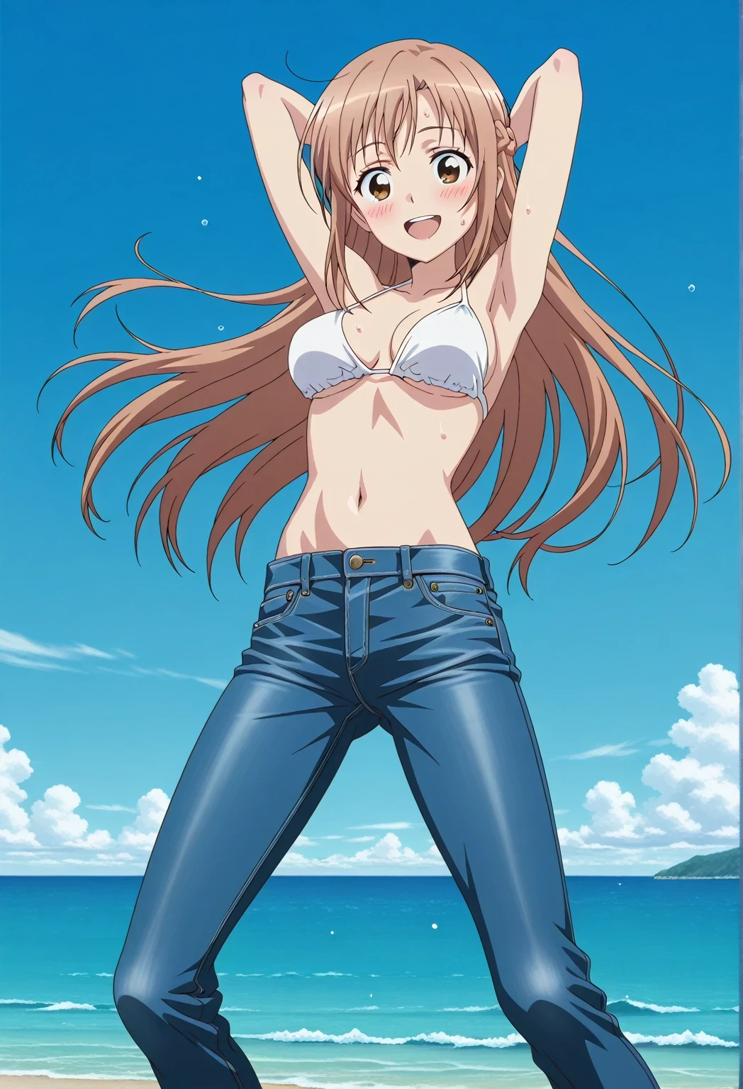 score_9, score_8_up, score_7_up, source_anime, highres, hi res, ((best quality, top quality, perfect quality, Highest Quality, amazing quality)), {{masterpiece}}, {{an extremely delicate and beautiful}}, 2d, intricate details, official style, anime, 8k, anime style, official_anime, official art, digital painting, cell shading, soft shading, high resolution, soothing tones, Subdued Color, Soft cinematic light, adobe lightroom, photolab, HDR, intricately and hyper-detailed, ((high quality animation)), 1 girl, Alone, solo, ((ocean)), tsunami, on the water, day, sunny, outdoors, sky, windy, asuna yuuki, long hair, very long hair, brown hair, brown eyes, french braid, anime screencap, , white top, best quality, hyper-detailed jeans, ((blue jeans:1.9)), (dark blue jeans:0.6), full medium body, medium shot, Open mouth, smiling, happy face, blush, sweat, standing, ((arms behind head:6.0)), bowlegged, jumping pose, action, looking at viewer, , Bend knees slightly, straight-on front view