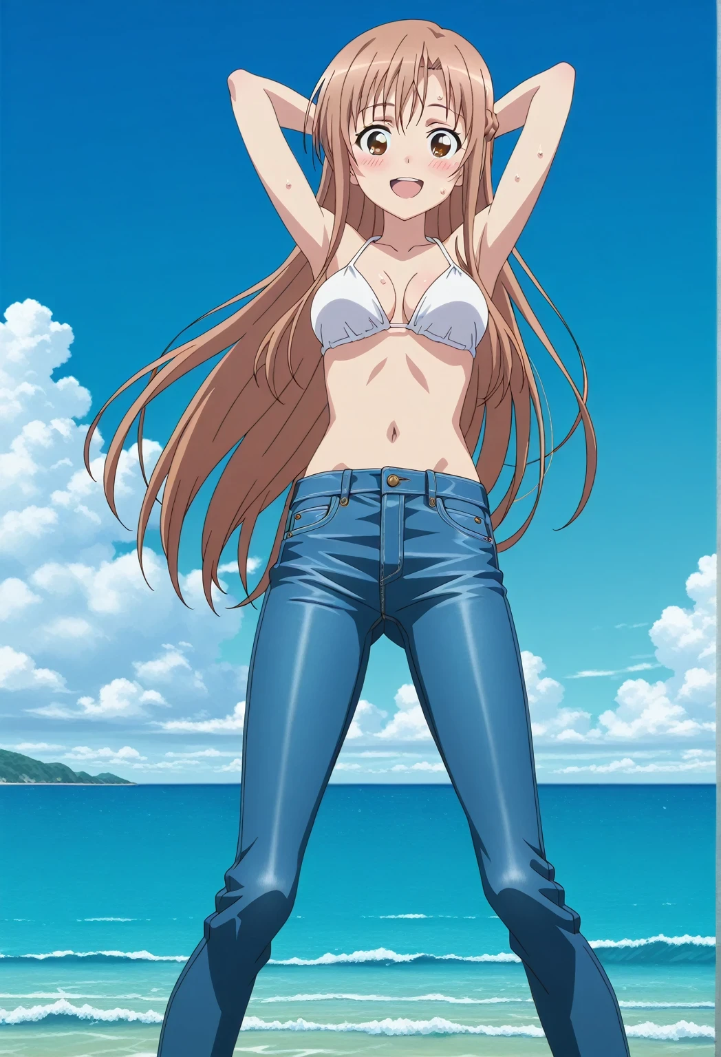 score_9, score_8_up, score_7_up, source_anime, highres, hi res, ((best quality, top quality, perfect quality, Highest Quality, amazing quality)), {{masterpiece}}, {{an extremely delicate and beautiful}}, 2d, intricate details, official style, anime, 8k, anime style, official_anime, official art, digital painting, cell shading, soft shading, high resolution, soothing tones, Subdued Color, Soft cinematic light, adobe lightroom, photolab, HDR, intricately and hyper-detailed, ((high quality animation)), 1 girl, Alone, solo, ((ocean)), tsunami, on the water, day, sunny, outdoors, sky, windy, asuna yuuki, long hair, very long hair, brown hair, brown eyes, french braid, anime screencap, , white  top, best quality, hyper-detailed jeans, ((blue jeans:1.9)), (dark blue jeans:0.6), full medium body, medium shot, Open mouth, smiling, happy face, blush, sweat, standing, ((arms behind head:6.0)), bowlegged, jumping pose, action, looking at viewer, , Bend knees slightly, straight-on front view