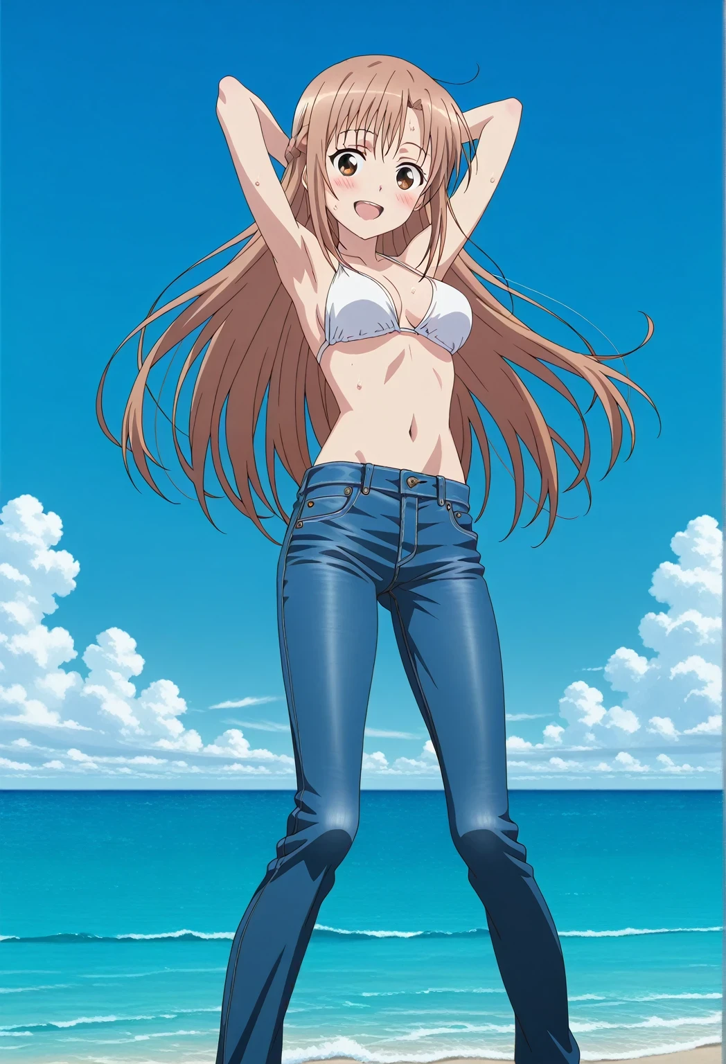 score_9, score_8_up, score_7_up, source_anime, highres, hi res, ((best quality, top quality, perfect quality, Highest Quality, amazing quality)), {{masterpiece}}, {{an extremely delicate and beautiful}}, 2d, intricate details, official style, anime, 8k, anime style, official_anime, official art, digital painting, cell shading, soft shading, high resolution, soothing tones, Subdued Color, Soft cinematic light, adobe lightroom, photolab, HDR, intricately and hyper-detailed, ((high quality animation)), 1 girl, Alone, solo, ((ocean)), tsunami, on the water, day, sunny, outdoors, sky, windy, asuna yuuki, long hair, very long hair, brown hair, brown eyes, french braid, anime screencap, , white  top, best quality, hyper-detailed jeans, ((blue jeans:1.9)), (dark blue jeans:0.6), full medium body, medium shot, Open mouth, smiling, happy face, blush, sweat, standing, ((arms behind head:6.0)), bowlegged, jumping pose, action, looking at viewer, , Bend knees slightly, straight-on front view