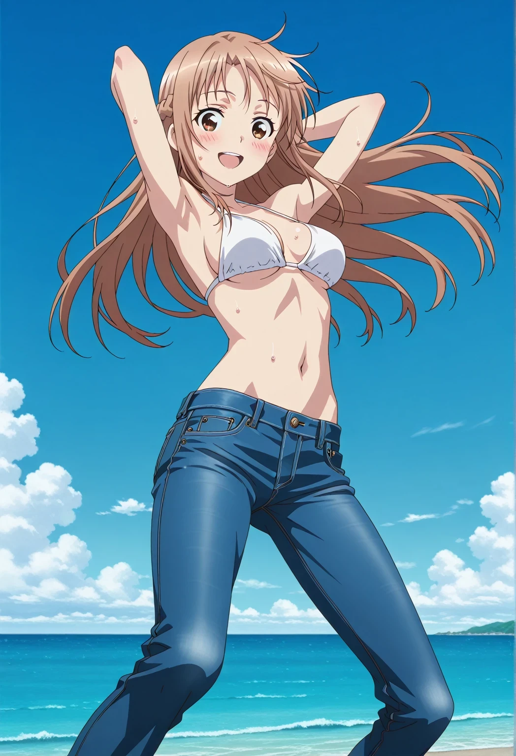 score_9, score_8_up, score_7_up, source_anime, highres, hi res, ((best quality, top quality, perfect quality, Highest Quality, amazing quality)), {{masterpiece}}, {{an extremely delicate and beautiful}}, 2d, intricate details, official style, anime, 8k, anime style, official_anime, official art, digital painting, cell shading, soft shading, high resolution, soothing tones, Subdued Color, Soft cinematic light, adobe lightroom, photolab, HDR, intricately and hyper-detailed, ((high quality animation)), 1 girl, Alone, solo, ((ocean)), tsunami, on the water, day, sunny, outdoors, sky, windy, asuna yuuki, long hair, very long hair, brown hair, brown eyes, french braid, anime screencap, , white  top, best quality, hyper-detailed jeans, ((blue jeans:1.9)), (dark blue jeans:0.6), full medium body, medium shot, Open mouth, smiling, happy face, blush, sweat, standing, ((arms behind head:6.0)), bowlegged, jumping pose, action, looking at viewer, , Bend knees slightly, straight-on front view
