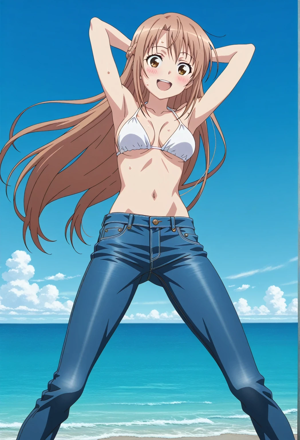 score_9, score_8_up, score_7_up, source_anime, highres, hi res, ((best quality, top quality, perfect quality, Highest Quality, amazing quality)), {{masterpiece}}, {{an extremely delicate and beautiful}}, 2d, intricate details, official style, anime, 8k, anime style, official_anime, official art, digital painting, cell shading, soft shading, high resolution, soothing tones, Subdued Color, Soft cinematic light, adobe lightroom, photolab, HDR, intricately and hyper-detailed, ((high quality animation)), 1 girl, Alone, solo, ((ocean)), tsunami, on the water, day, sunny, outdoors, sky, windy, asuna yuuki, long hair, very long hair, brown hair, brown eyes, french braid, anime screencap, , white top, best quality, hyper-detailed jeans, ((blue jeans:1.9)), (dark blue jeans:0.6), full medium body, medium shot, Open mouth, smiling, happy face, blush, sweat, standing, ((arms behind head:6.0)), bowlegged, jumping pose, action, looking at viewer, , Bend knees slightly, straight-on front view