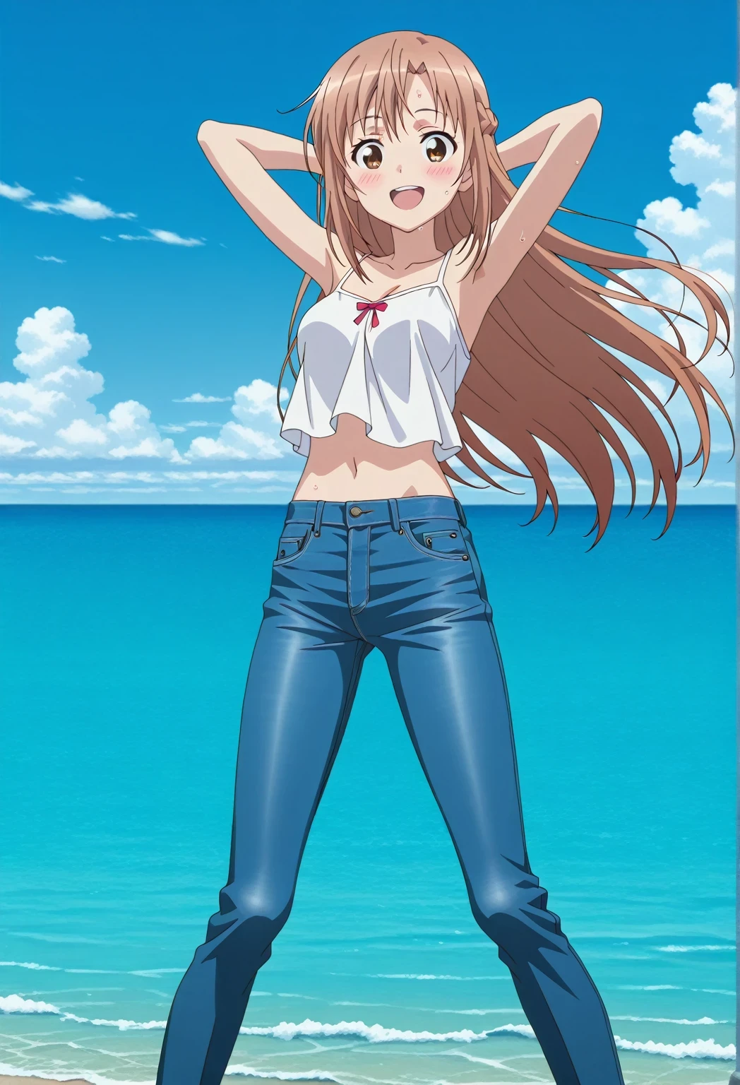 score_9, score_8_up, score_7_up, source_anime, highres, hi res, ((best quality, top quality, perfect quality, Highest Quality, amazing quality)), {{masterpiece}}, {{an extremely delicate and beautiful}}, 2d, intricate details, official style, anime, 8k, anime style, official_anime, official art, digital painting, cell shading, soft shading, high resolution, soothing tones, Subdued Color, Soft cinematic light, adobe lightroom, photolab, HDR, intricately and hyper-detailed, ((high quality animation)), 1 girl, Alone, solo, ((ocean)), tsunami, on the water, day, sunny, outdoors, sky, windy, asuna yuuki, long hair, very long hair, brown hair, brown eyes, french braid, anime screencap, , white camisole top, crop top, white crop top, best quality, hyper-detailed jeans, ((blue jeans:1.9)), (dark blue jeans:0.6), full medium body, medium shot, Open mouth, smiling, happy face, blush, sweat, standing, ((arms behind head:6.0)), bowlegged, jumping pose, action, looking at viewer, , Bend knees slightly, straight-on front view