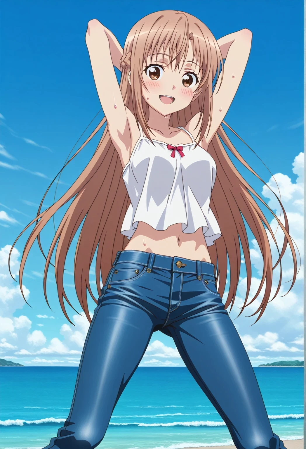 score_9, score_8_up, score_7_up, source_anime, highres, hi res, ((best quality, top quality, perfect quality, Highest Quality, amazing quality)), {{masterpiece}}, {{an extremely delicate and beautiful}}, 2d, intricate details, official style, anime, 8k, anime style, official_anime, official art, digital painting, cell shading, soft shading, high resolution, soothing tones, Subdued Color, Soft cinematic light, adobe lightroom, photolab, HDR, intricately and hyper-detailed, ((high quality animation)), 1 girl, Alone, solo, ((ocean)), tsunami, on the water, day, sunny, outdoors, sky, windy, asuna yuuki, long hair, very long hair, brown hair, brown eyes, french braid, anime screencap, , white camisole top, crop top, white crop top, best quality, hyper-detailed jeans, ((blue jeans:1.9)), (dark blue jeans:0.6), full medium body, medium shot, Open mouth, smiling, happy face, blush, sweat, standing, ((arms behind head:6.0)), bowlegged, jumping pose, action, looking at viewer, , Bend knees slightly, straight-on front view