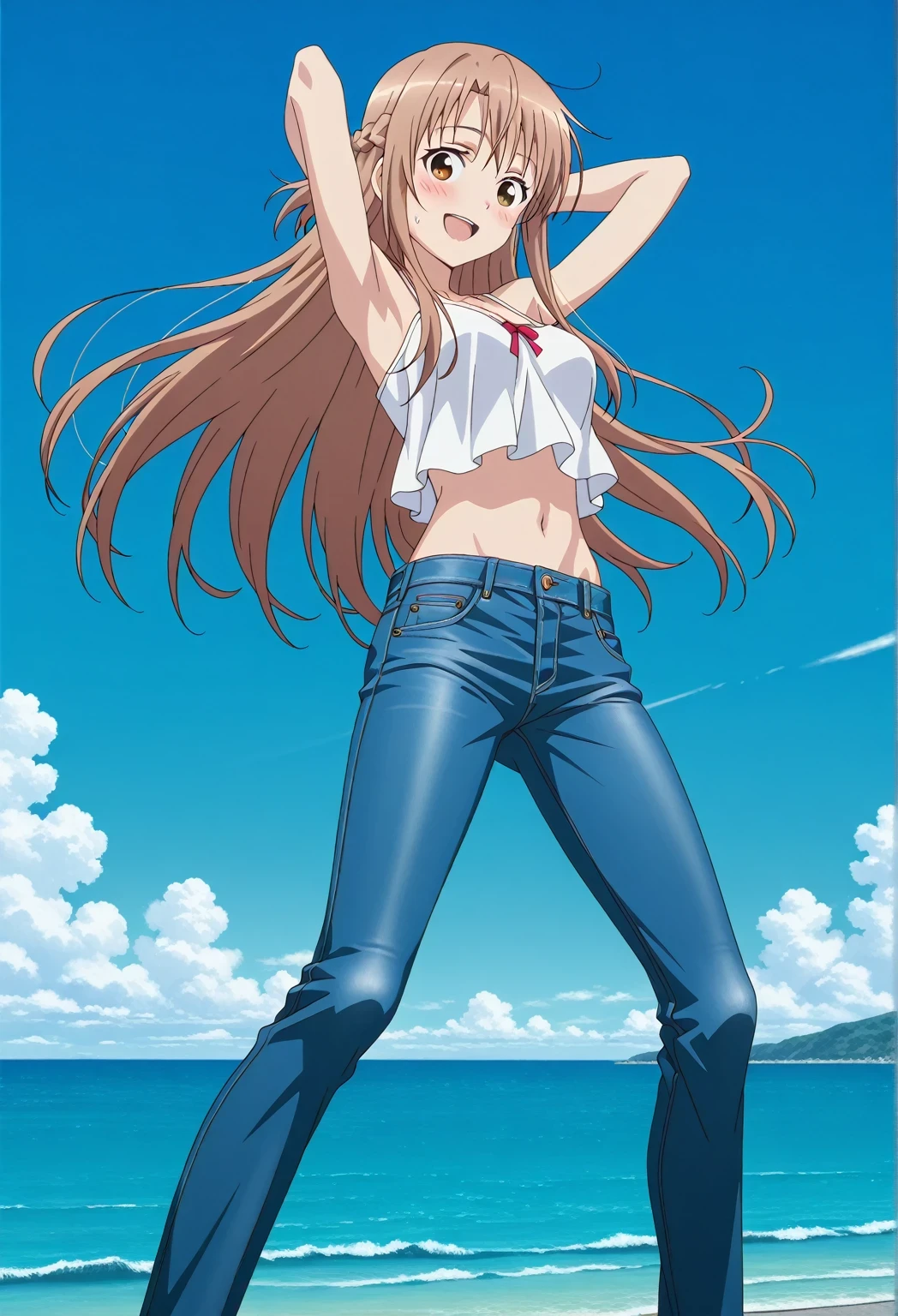 score_9, score_8_up, score_7_up, source_anime, highres, hi res, ((best quality, top quality, perfect quality, Highest Quality, amazing quality)), {{masterpiece}}, {{an extremely delicate and beautiful}}, 2d, intricate details, official style, anime, 8k, anime style, official_anime, official art, digital painting, cell shading, soft shading, high resolution, soothing tones, Subdued Color, Soft cinematic light, adobe lightroom, photolab, HDR, intricately and hyper-detailed, ((high quality animation)), 1 girl, Alone, solo, ((ocean)), tsunami, on the water, day, sunny, outdoors, sky, windy, asuna yuuki, long hair, very long hair, brown hair, brown eyes, french braid, anime screencap, , white camisole top, crop top, white crop top, best quality, hyper-detailed jeans, ((blue jeans:1.9)), (dark blue jeans:0.6), full medium body, medium shot, Open mouth, smiling, happy face, blush, sweat, standing, ((arms behind head:6.0)), bowlegged, jumping pose, action, looking at viewer, , Bend knees slightly, straight-on front view