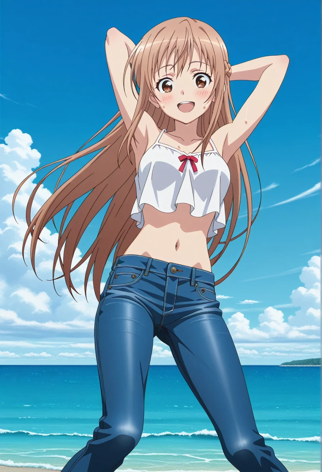 score_9, score_8_up, score_7_up, source_anime, highres, hi res, ((best quality, top quality, perfect quality, Highest Quality, amazing quality)), {{masterpiece}}, {{an extremely delicate and beautiful}}, 2d, intricate details, official style, anime, 8k, anime style, official_anime, official art, digital painting, cell shading, soft shading, high resolution, soothing tones, Subdued Color, Soft cinematic light, adobe lightroom, photolab, HDR, intricately and hyper-detailed, ((high quality animation)), 1 girl, Alone, solo, ((ocean)), tsunami, on the water, day, sunny, outdoors, sky, windy, asuna yuuki, long hair, very long hair, brown hair, brown eyes, french braid, anime screencap, , white camisole top, crop top, white crop top, best quality, hyper-detailed jeans, ((blue jeans:1.9)), (dark blue jeans:0.6), full medium body, medium shot, Open mouth, smiling, happy face, blush, sweat, standing, ((arms behind head:6.0)), bowlegged, jumping pose, action, looking at viewer, , Bend knees slightly, straight-on front view