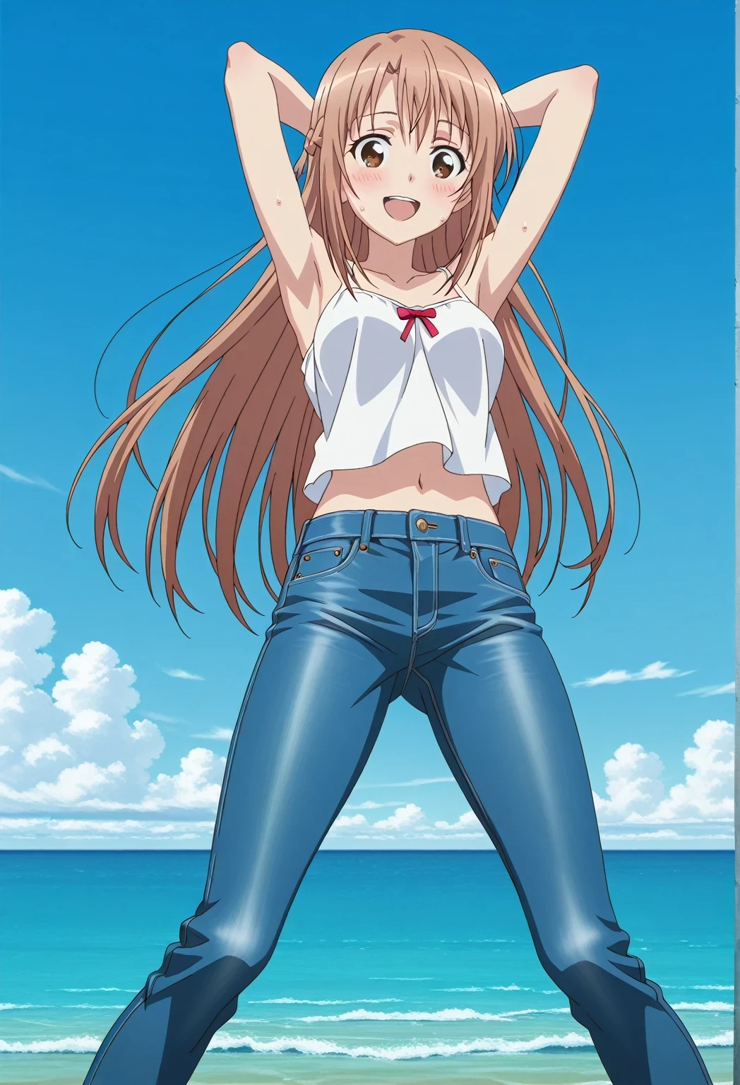 score_9, score_8_up, score_7_up, source_anime, highres, hi res, ((best quality, top quality, perfect quality, Highest Quality, amazing quality)), {{masterpiece}}, {{an extremely delicate and beautiful}}, 2d, intricate details, official style, anime, 8k, anime style, official_anime, official art, digital painting, cell shading, soft shading, high resolution, soothing tones, Subdued Color, Soft cinematic light, adobe lightroom, photolab, HDR, intricately and hyper-detailed, ((high quality animation)), 1 girl, Alone, solo, ((ocean)), tsunami, on the water, day, sunny, outdoors, sky, windy, asuna yuuki, long hair, very long hair, brown hair, brown eyes, french braid, anime screencap, , white camisole top, crop top, white crop top, best quality, hyper-detailed jeans, ((blue jeans:1.9)), (dark blue jeans:0.6), full medium body, medium shot, Open mouth, smiling, happy face, blush, sweat, standing, ((arms behind head:6.0)), bowlegged, jumping pose, action, looking at viewer, , Bend knees slightly, straight-on front view
