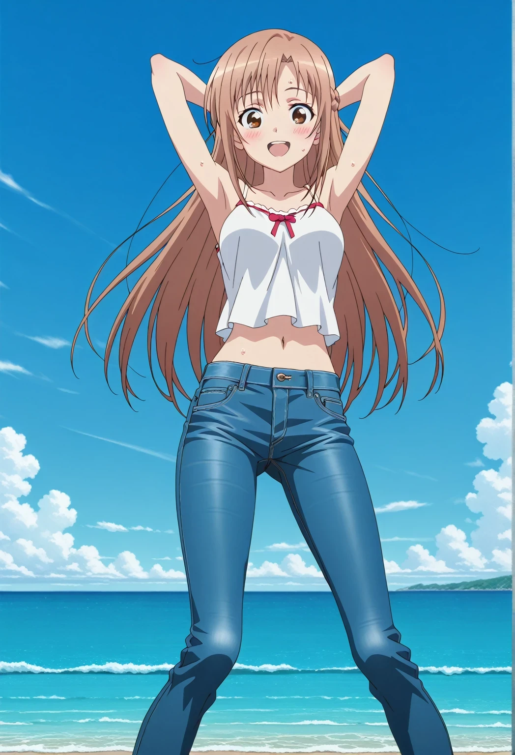 score_9, score_8_up, score_7_up, source_anime, highres, hi res, ((best quality, top quality, perfect quality, Highest Quality, amazing quality)), {{masterpiece}}, {{an extremely delicate and beautiful}}, 2d, intricate details, official style, anime, 8k, anime style, official_anime, official art, digital painting, cell shading, soft shading, high resolution, soothing tones, Subdued Color, Soft cinematic light, adobe lightroom, photolab, HDR, intricately and hyper-detailed, ((high quality animation)), 1 girl, Alone, solo, ((ocean)), tsunami, on the water, day, sunny, outdoors, sky, windy, asuna yuuki, long hair, very long hair, brown hair, brown eyes, french braid, anime screencap, , white camisole top, crop top, white crop top, best quality, hyper-detailed jeans, ((blue jeans:1.9)), (dark blue jeans:0.6), full medium body, medium shot, Open mouth, smiling, happy face, blush, sweat, standing, ((arms behind head:6.0)), bowlegged, jumping pose, action, looking at viewer, , Bend knees slightly, straight-on front view