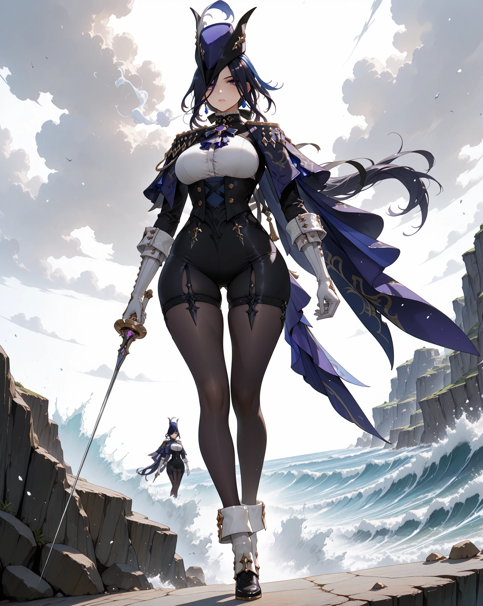 Obra maestra, mejor calidad,  lucy, tiara, capa, bufanda azul, abrigo azul, armadura de hombro, mangas largas, cuffs, belt, guantes sin dedos, pantimedias negras, botas hasta el muslo, session, acantilado, buscando, cielo, rocas, mountains, atardecer, grandes tetas