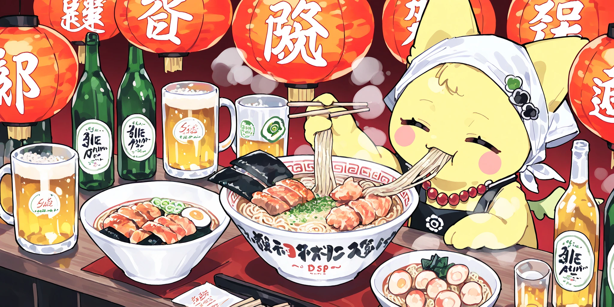(xxx667_illu,DSP, artist:DSP, mogeko,eating ramen,) Ramen faèrie. She is miniature chibi. She has white fae wings. She has yellow skin and two fluffy yellow ears. Her eyes are blue. She has hair clips. She is dressed in kawaii yellow kimono with food print, and black apron. She wearing a red necklace with beads. She wearing a white headscarf with red asian ornament. She holds the food using chopsticks. (On the background: In the background, the authentic interior of a Japanese street restaurant selling ramen and other street food, decorated with red paper lanterns. In the foreground there is a wooden bar table set with various snacks on plates, large bowl of steaming mushroom u ramen soup sprinkled with green onions, close-up noodles,next to them are plates with sushi,grilled squid, deep-fried shrimp. There is a beer mug next to the side,bottle of soda, and a bottle of beer)