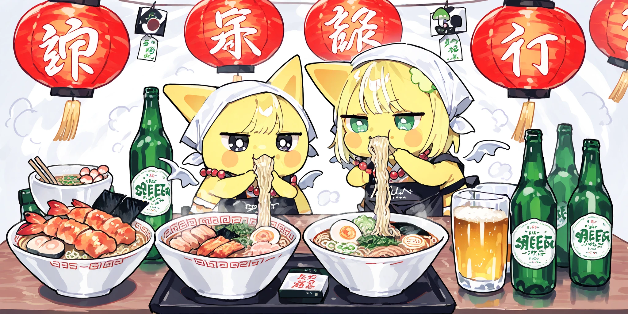 (xxx667_illu,DSP, artist:DSP, mogeko,eating ramen,) Ramen faèrie. She is miniature chibi. She has white fae wings. She has yellow skin and two fluffy yellow ears. Her eyes are blue. She has hair clips. She is dressed in kawaii yellow kimono with food print, and black apron. She wearing  a red necklace with beads. She wearing a white headscarf with red asian ornament.   She holds the food using chopsticks. (On the background: In the background, the authentic interior of a Japanese street restaurant selling ramen and other street food, decorated with red paper lanterns. In the foreground there is a wooden bar table set with various snacks on plates, large bowl of steaming mushroom u ramen soup sprinkled with green onions, close-up noodles,next to them are plates with sushi,grilled squid, deep-fried shrimp. There is a beer mug next to the side,bottle of soda, and a bottle of beer)