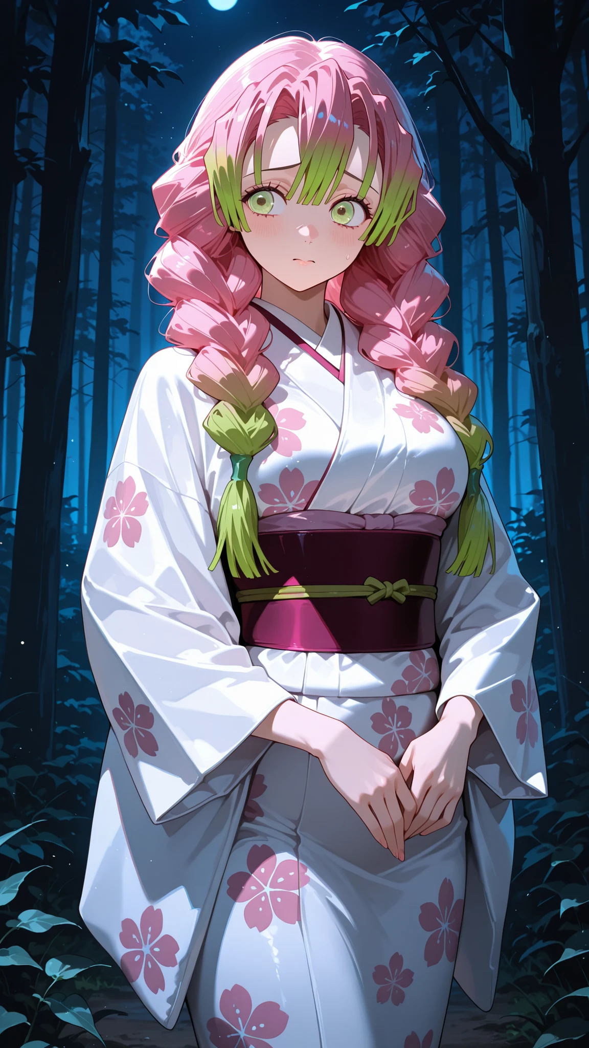 Masterpiece,Top Quality,1girl,single,absurdres,  green eyes  , single, Mitsuri Kanroji, Japanese white kimono, floral print, bright, waistband, Long sleeves, Wide Sleeves,Demon Slayer Kanaji Mitsuri's characteristic hair style, pink and green hair, bangs, In the forest, night, lawn, dark lighting,A lost woman, A woman looking around a circle over and over, a woman with a worried expression,