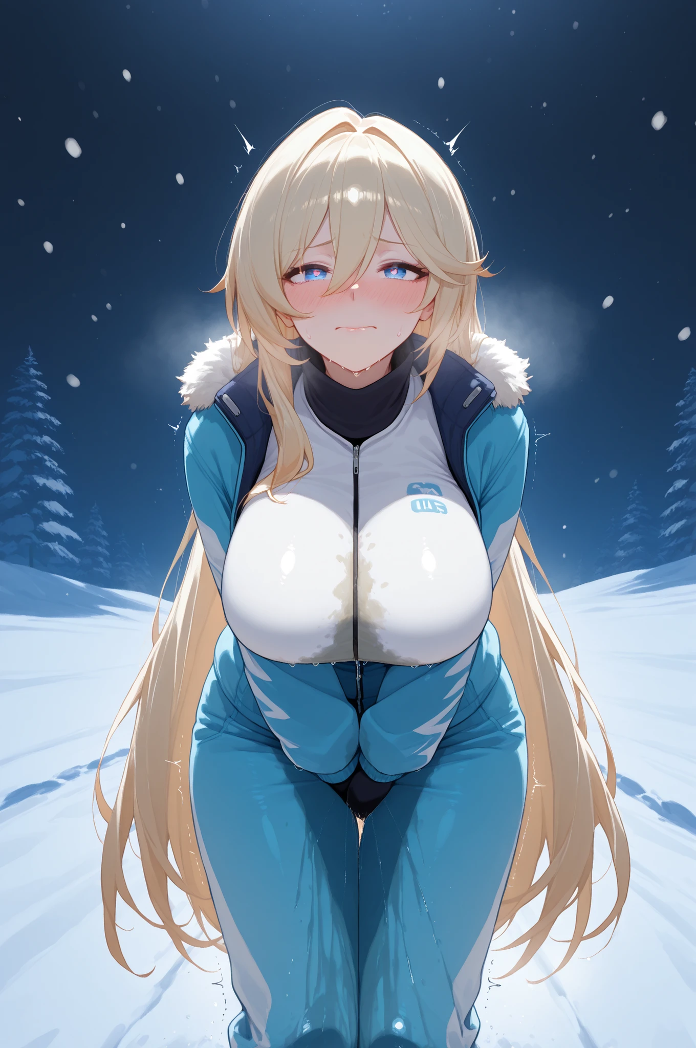score_9, score_8_up, score_7_up, absurdres, high quality, highest quality, amazing quality, extremely high quality, masterpiece, 1girl, large breasts, Durandal \(Honkai Impact\), blonde hair, black lipstick, mouth closed, very long hair, snow, ski pants, (baggy pants:1.05), jacket, legs together, desperation, holding crotch, leaning forward, wetting self, blush, embarrassed, humiliation, facing viewer, straight-on, open eyes, trembling