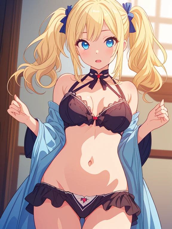 (top quality、8K、32K、Meisterwerk、UHD1.2)、a blond、seitlicher Pferdeschwanz、blaue Augen、Schwarzer Bikini、pretty face