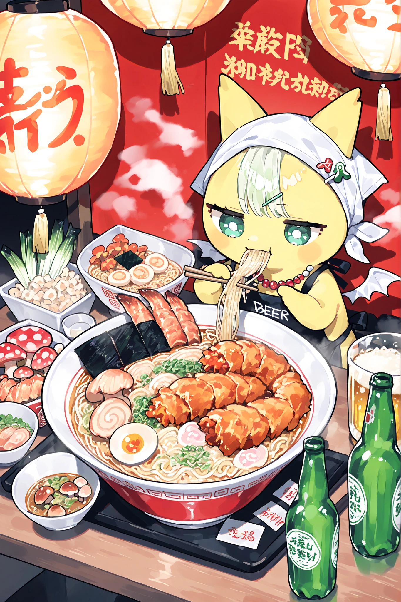 (xxx667_illu,DSP, artist:DSP, mogeko,eating ramen,) Ramen faèrie. She is miniature chibi. She has white fae wings. She has yellow skin and two fluffy yellow ears. Her eyes are blue. She has hair clips. She is dressed in kawaii yellow kimono with food print, and black apron. She wearing  a red necklace with beads. She wearing a white headscarf with red asian ornament.   She holds the food using chopsticks. (On the background: In the background, the authentic interior of a Japanese street restaurant selling ramen and other street food, decorated with red paper lanterns. In the foreground there is a wooden bar table set with various snacks on plates, large bowl of steaming mushroom u ramen soup sprinkled with green onions, close-up noodles,next to them are plates with sushi,grilled squid, deep-fried shrimp. There is a beer mug next to the side,bottle of soda, and a bottle of beer)