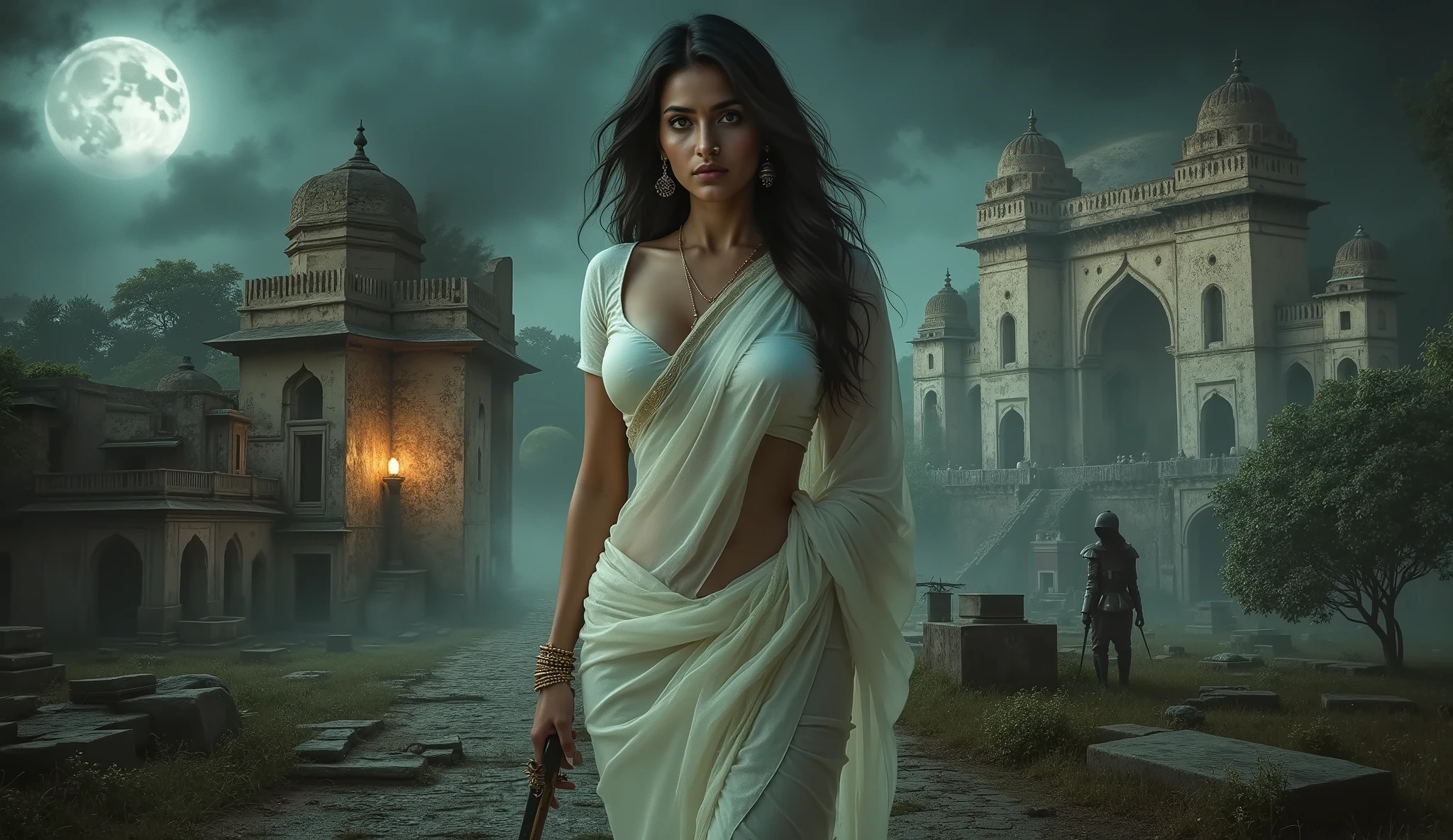 Create a cinematic horror picture 
Background: A spooky collage of India’s most haunted places – Bhangarh Fort ruins under moonlight, Shaniwar Wada palace walls with fire glow, Kuldhara’s abandoned village houses, and a misty cemetery.
Add a ghostly woman in a white saree at the center, glowing eyes, half-transparent.
On the side, show a shadowy soldier spirit in armor, and a faint burning lantern.