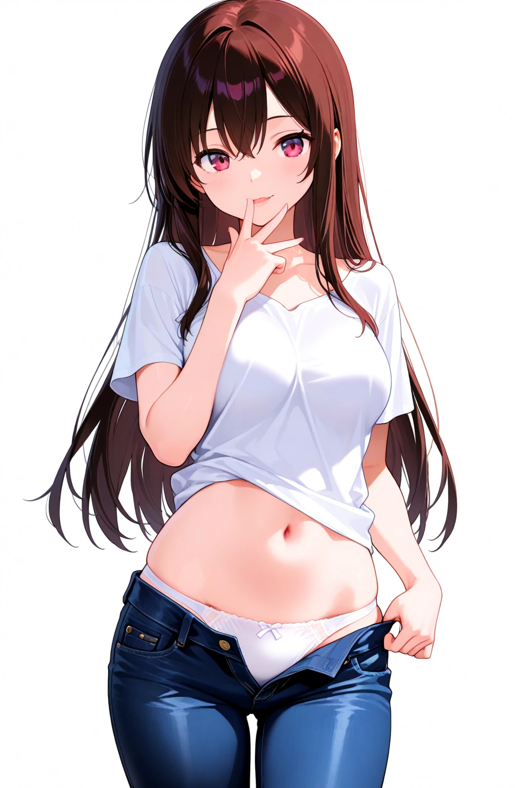 super fine illustration, vibrant colors, masterpiece, sharp focus, best quality, depth of field, cinematic lighting, ultra detailed, collarbone, t shirt, , 1 woman, solo, midriff, tummy, belly button, large navel, kitchen, ceiling, close up, looking down, medium breasts, curly hair, long hair, skirt, pearl necklace, makeup, dark brown hair, blushing, angry, from below.
