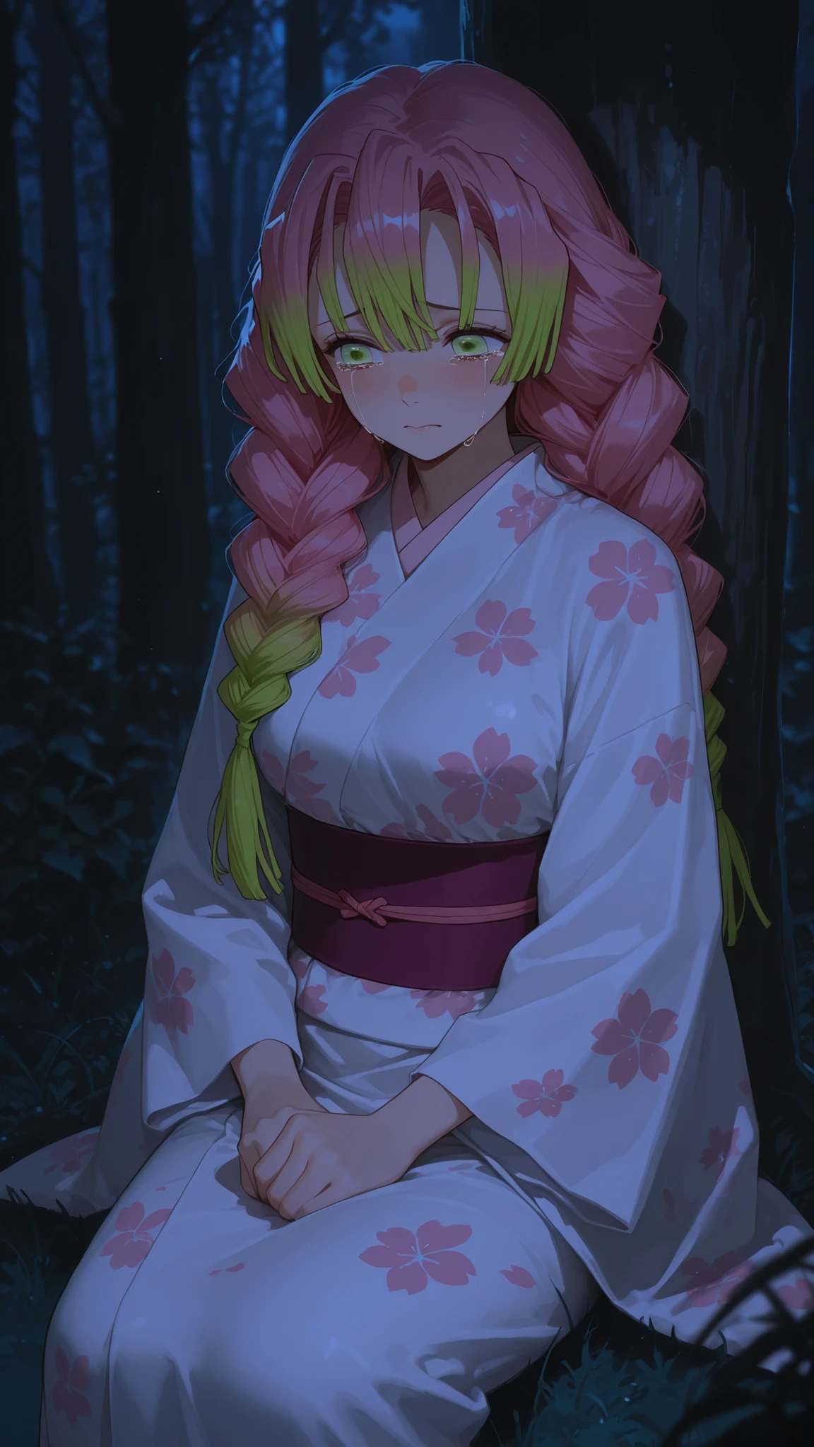 \Masterpiece,Top Quality,1girl,single,absurdres,  green eyes  , single, Mitsuri Kanroji, Japanese white kimono, floral print, bright, waistband, Long sleeves, Wide Sleeves,Demon Slayer Kanaji Mitsuri's characteristic hair style, pink and green hair, bangs, In the forest, night, lawn, dark lighting,A lost woman, Worried, Woman sitting with her back leaning against a tree and crying little by little,