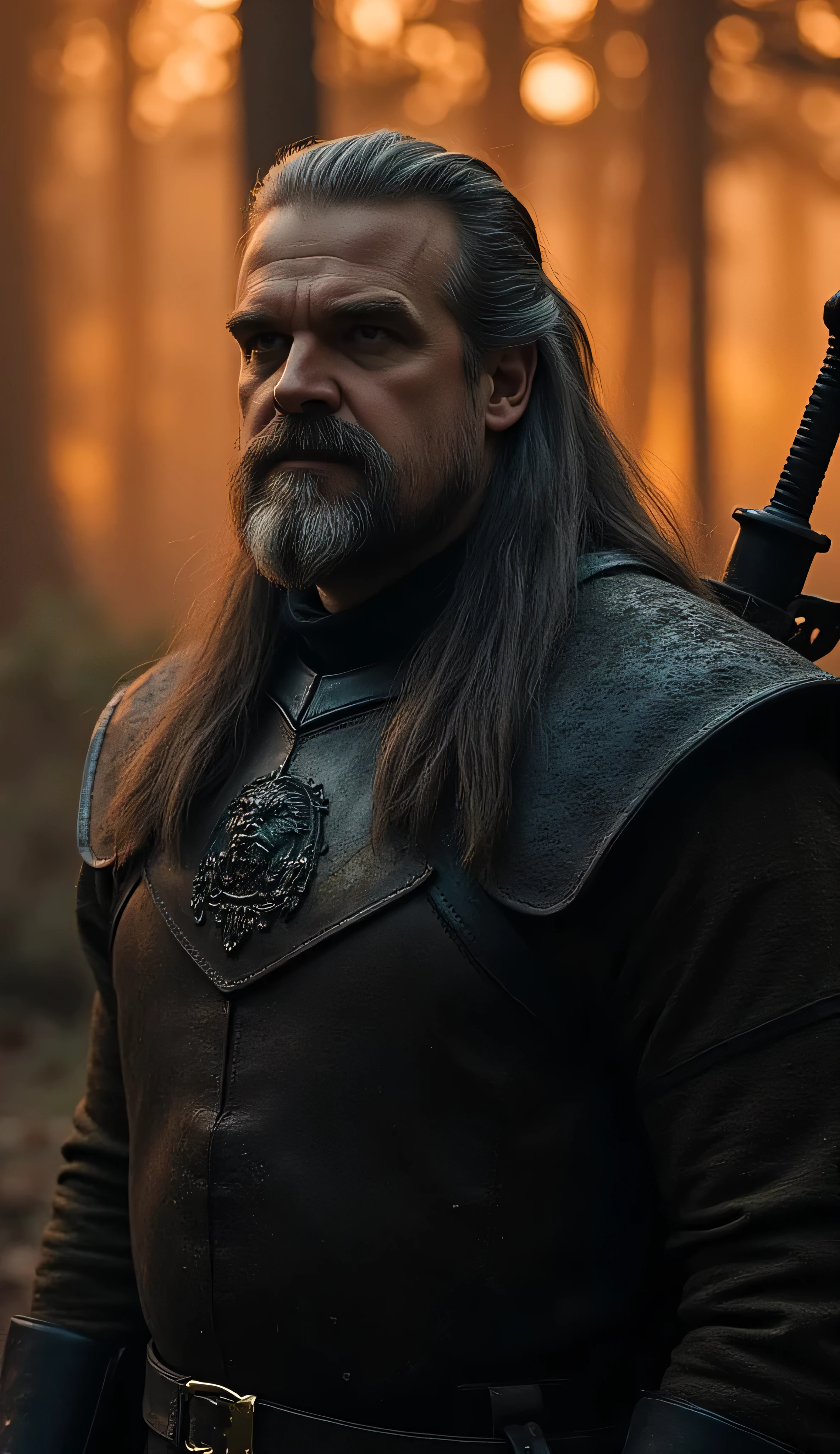 David Harbour as Vesemir, The Witcher, standing, dark medieval setting, long gray hair, short beard, deep wise eyes, years of battle experience, wears a weathered witcher’s armor, dark leather, steel plates, scars, scratches, wolf insignia, sword rests on his back, misty forest, Kaer Morhen, orange glow of fading sunset, calm but stern expression, veteran warrior, mentor, hardened by time, gritty cinematic atmosphere, grounded in realism, strong contrast, rich textures, moody lighting, detailed, painterly realism