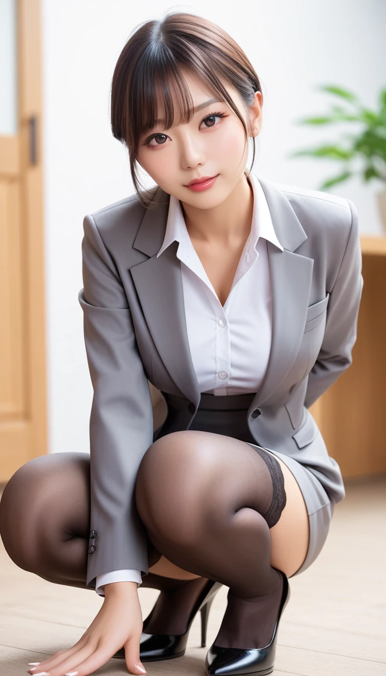  score_9, score_8_    up, score_7_    up, s    uper detailed,     realistic photo of the garden  、 REAL SKIN、 alone、    beautiful Japanese woman ,    thin waist,    Bask in natural light 、 Exposing Genitals to Growing Skin  ,  Grey suit,  or,    office女性スタッフ , Chanel style suit     ,   miniskirt,    office, Mesa, Thin face,  short hair, presentations are being held、   my white blouse is about to tear  、Big Breasts 、Pick  up a ballpoint pen that fell to the floor 、   stockings 、   Miguel's high heels、Adult Make up、Crouching with both knees aligned  、   is crouching with his legs closed 、  Elegant  、Close your knees