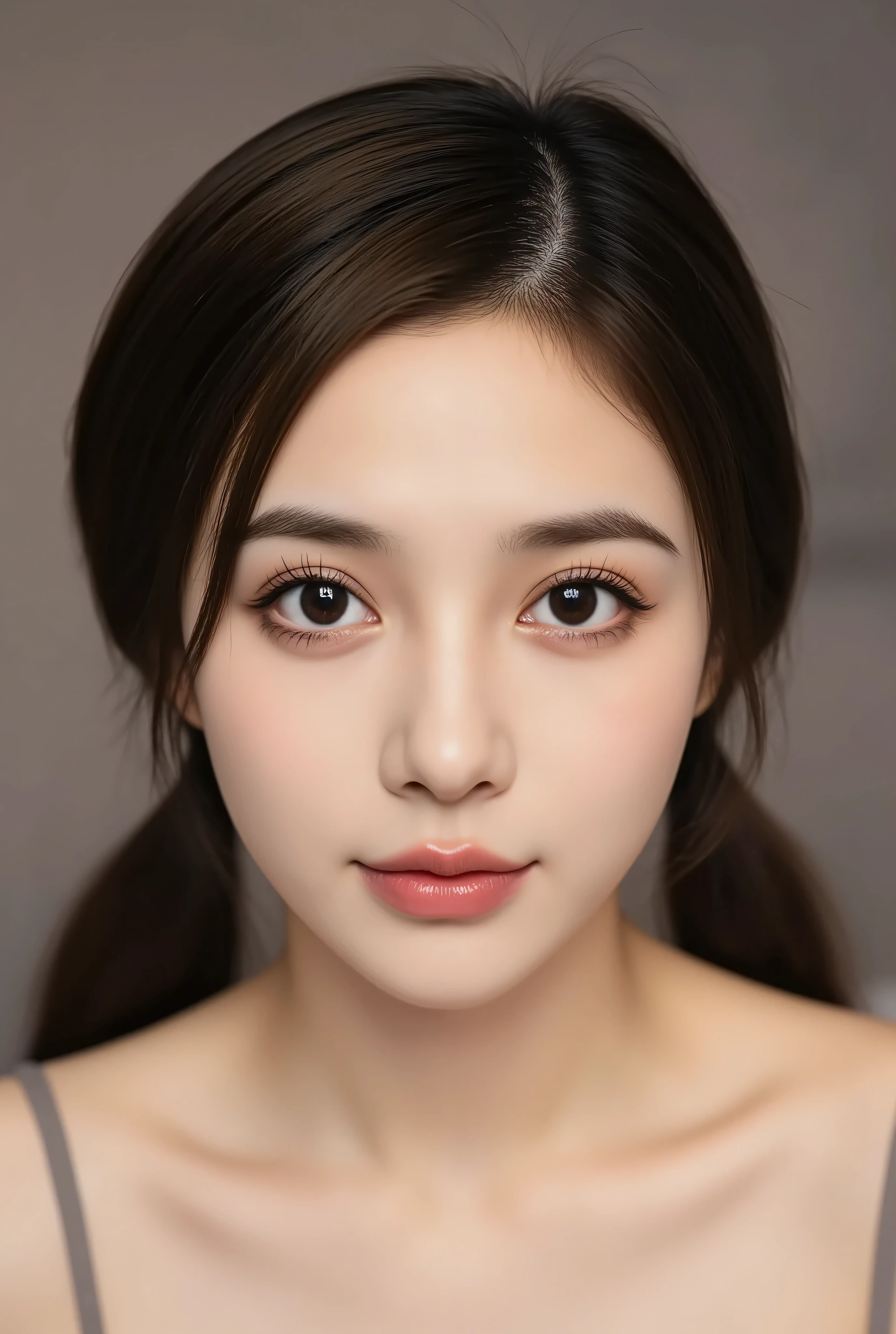 eye-level shot, natural perspective, front view id photo, ultra-realistic, photorealistic, 8k, masterpiece, best quality, 1 female, front-facing portrait, symmetrical face, looking at viewer, centered composition symmetrical face, direct eye contact, sharp expressive eyes, soft subtle smile, thoughtful expression, delicate features, smooth fair skin, long flowing black hair, natural subtle makeup, soft blush on cheeks, full lips, defined jawline, elegant posture, cinematic lighting, golden hour glow, soft diffuse light, shallow depth of field, blurred bokeh background, atmospheric, moody yet serene, realistic skin texture, gentle wind effect on hair. Perfect face proportions, perfect body proportions.masterpiece, flat lighting, neutral background, soft focus	