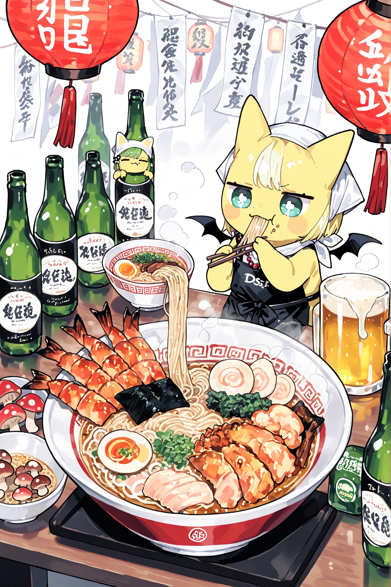 (xxx667_illu,DSP, artist:DSP, mogeko,eating ramen,) Ramen faèrie. She is miniature chibi. She has white fae wings. She has yellow skin and two fluffy yellow ears. Her eyes are blue. She has hair clips. She is dressed in kawaii yellow kimono with food print, and black apron. She wearing  a red necklace with beads. She wearing a white headscarf with red asian ornament.   She holds the food using chopsticks. (On the background: In the background, the authentic interior of a Japanese street restaurant selling ramen and other street food, decorated with red paper lanterns. In the foreground there is a wooden bar table set with various snacks on plates, large bowl of steaming mushroom u ramen soup sprinkled with green onions, close-up noodles,next to them are plates with sushi,grilled squid, deep-fried shrimp. There is a beer mug next to the side,bottle of soda, and a bottle of beer)