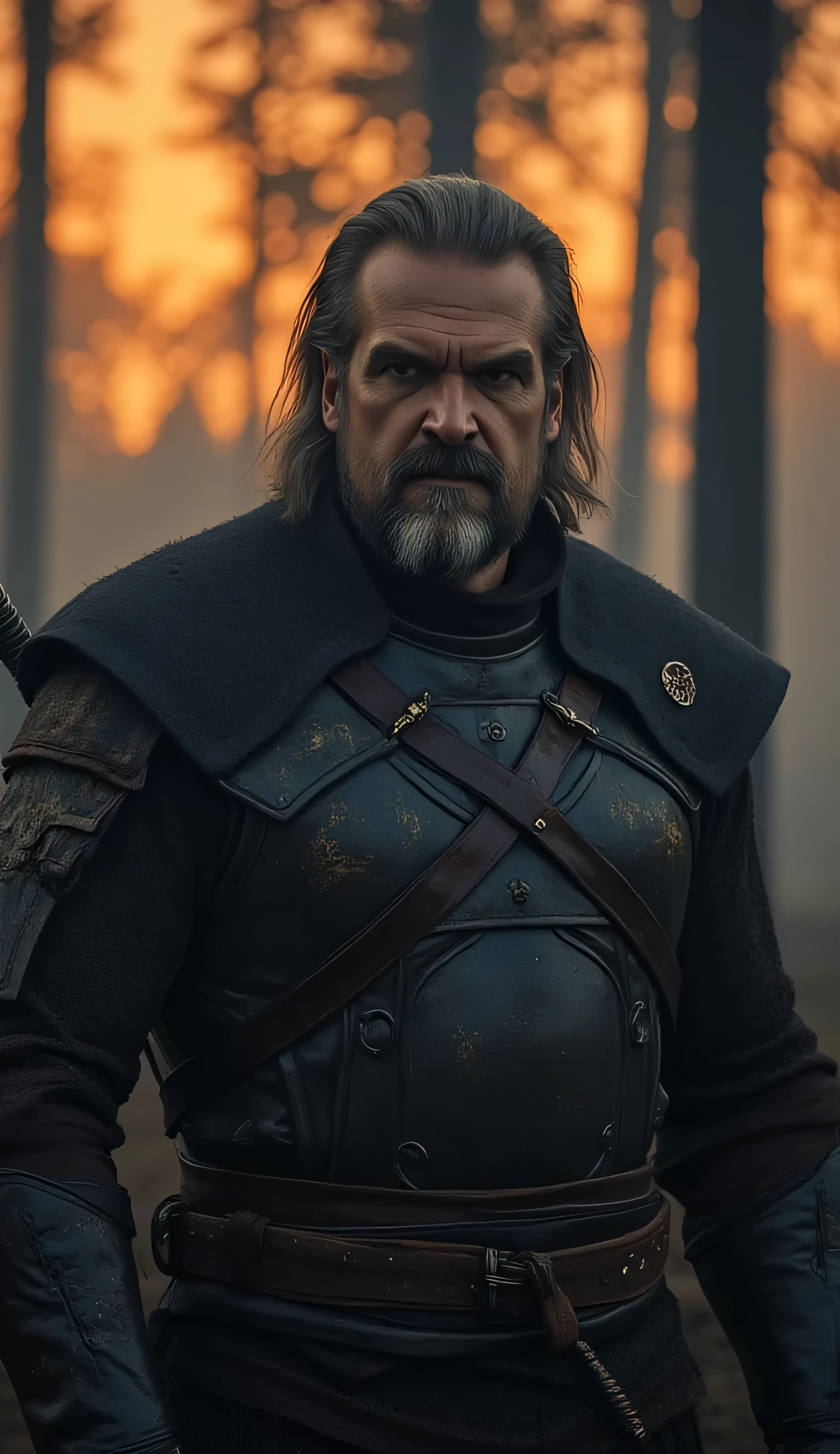 David Harbour as Vesemir, The Witcher, standing, dark medieval setting, long gray hair, short beard, deep wise eyes, years of battle experience, wears a weathered witcher’s armor, dark leather, steel plates, scars, scratches, wolf insignia, sword rests on his back, misty forest, Kaer Morhen, orange glow of fading sunset, calm but stern expression, veteran warrior, mentor, hardened by time, gritty cinematic atmosphere, grounded in realism, strong contrast, rich textures, moody lighting, detailed, painterly realism, cowboy shot