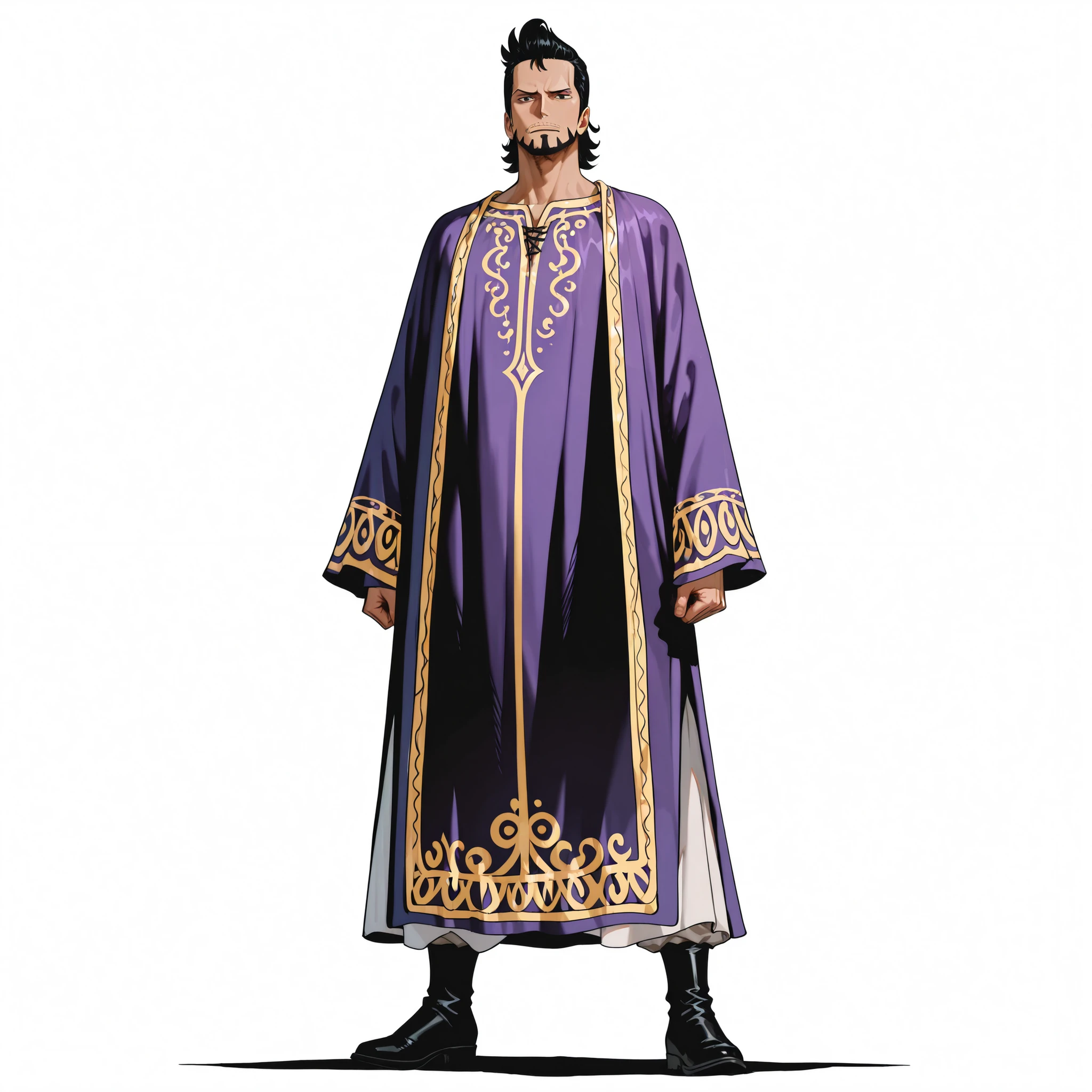 (male), (old man), slim body), (mullet hair, black hair, dark skin), (red beard), (black eyes), (giant body), (giant character), (solo), (single character), (full body version), (white background), (no background), (highly detailed), (((shadow))), (standing pose), (natural light), (detailed outfit), (detailed hand), (detailed face), (detailed hair)
Wearing noble formal medieval attire, purple luxurious robe with ornate embroidery, fine tunic, fitted trousers, and polished leather boots, (One piece style art)