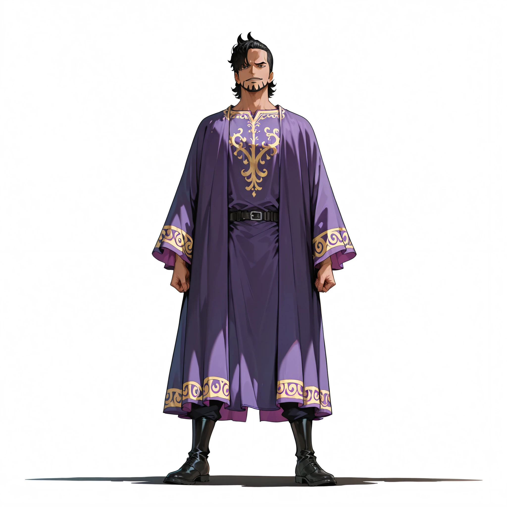 (male), (old man), slim body), (mullet hair, black hair, dark skin), (red beard), (black eyes), (giant body), (giant character), (solo), (single character), (full body version), (white background), (no background), (highly detailed), (((shadow))), (standing pose), (natural light), (detailed outfit), (detailed hand), (detailed face), (detailed hair)  
Wearing noble formal medieval attire, purple luxurious robe with ornate embroidery, fine tunic, fitted trousers, and polished leather boots, (One piece style art)