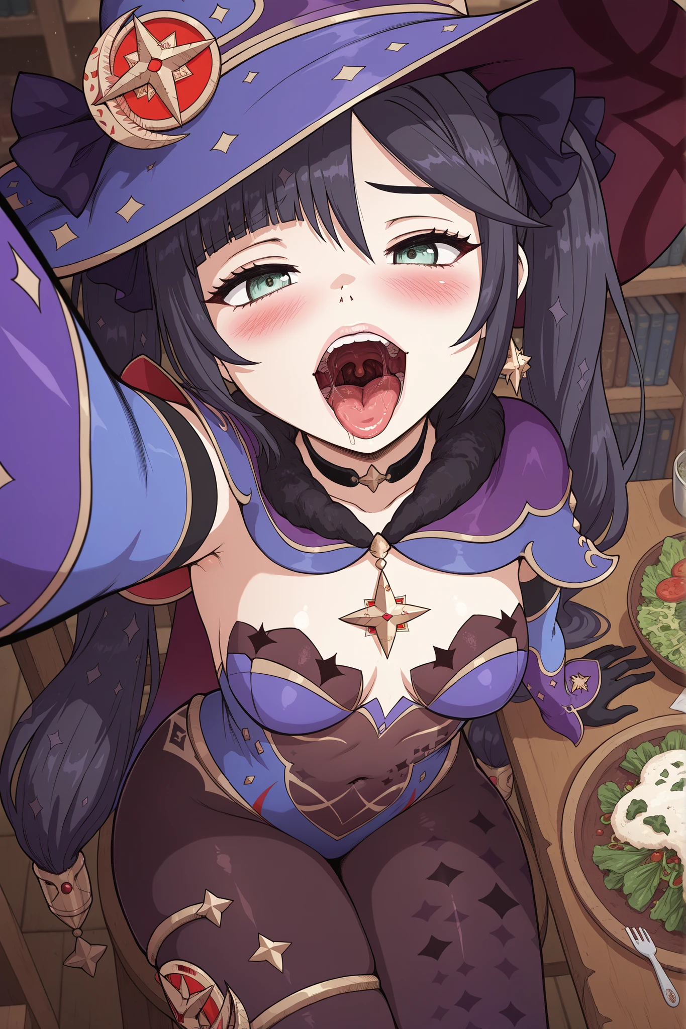 bookshelves, Mona Megistus, twintails, long hair, small breasts, hat, witch hat, black hair, leotard, pantyhose, gloves, green eyes, reaching out with one arm, covered navel, wide hips, chair, sitting, salad, table, closeup, open mouth, uvula, tongue, saliva, teeth,, tongue out,, masterpiece, best quality, ultra detailed, looking at viewer, close view, depth of field, karbostyle, from above, reaching out, holding viewer, facing viewer, reaching out with one hand, 1girl, solo, hungry, blush, drooling, eager, lips, Genshin Impact style, mawshot, desperate, close up, half-lidded eyes, sensual expression, mawshot