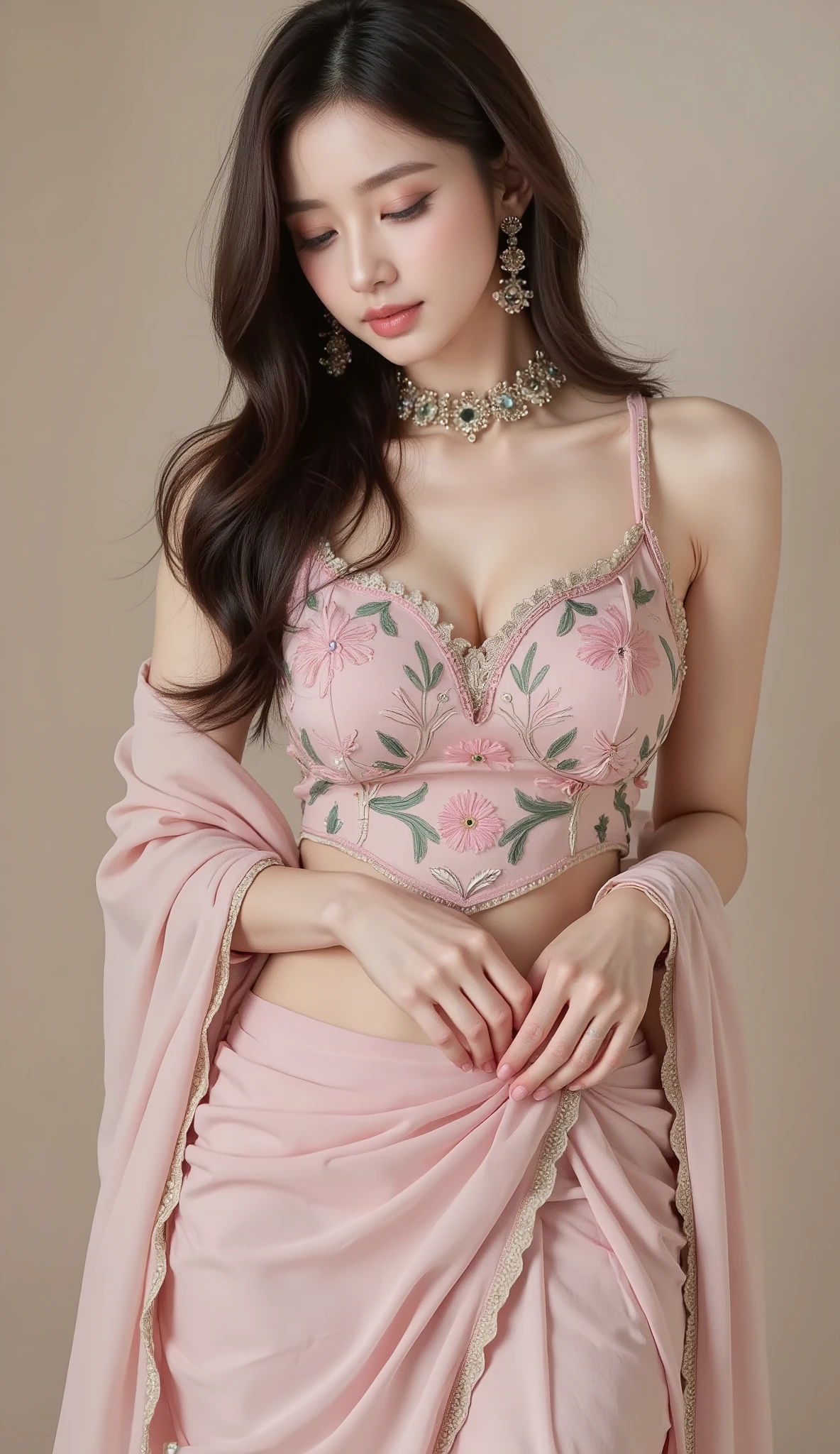 A photorealistic portrait of a graceful woman in a luxurious one-shoulder pink lehenga, featuring a richly embroidered floral bodice in gold, pink, and green, paired with a flowing pink dupatta. She wears an ornate choker necklace with colorful gemstones and a matching ring, her long dark wavy hair cascading naturally. Set against a warm beige studio background, illuminated by soft, warm lighting, captured with a slight low-angle shot (tilted upward 15 degrees) from a three-quarter view, the subject standing with her head gently tilted downward and to the side, shallow depth of field, regal and serene mood, highly detailed, 4k resolution."