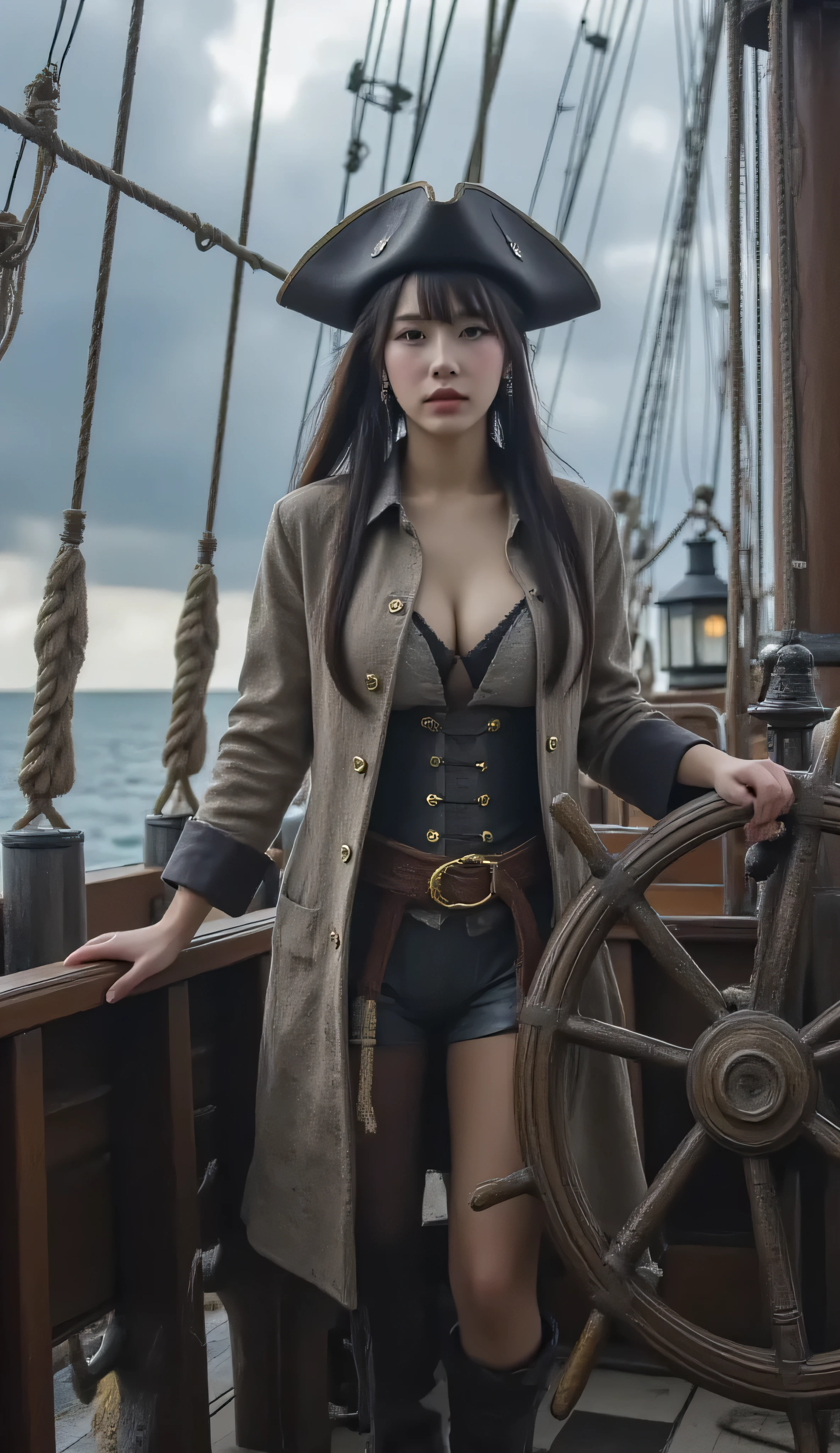 An elegant, busty, sexy Japanese female pirate captain with long, flowing dark hair tied in a loose bun that flows down her back. She wears an old triangular leather hat, an ornately embroidered coat with brass buttons, a fitted vest, and tall boots. She stands confidently at the helm of a large pirate ship, designed to resemble the Black Pearl from Pirates of the Caribbean, complete with black sails, intricate wood carvings, and fluttering flags. The deck is swayed by sea spray, ropes and lanterns hang from the masts, and storm clouds loom over the horizon. As she grips the helm, her sharp eyes are filled with heroic determination. Realistic, cinematic lighting. 8K resolution.