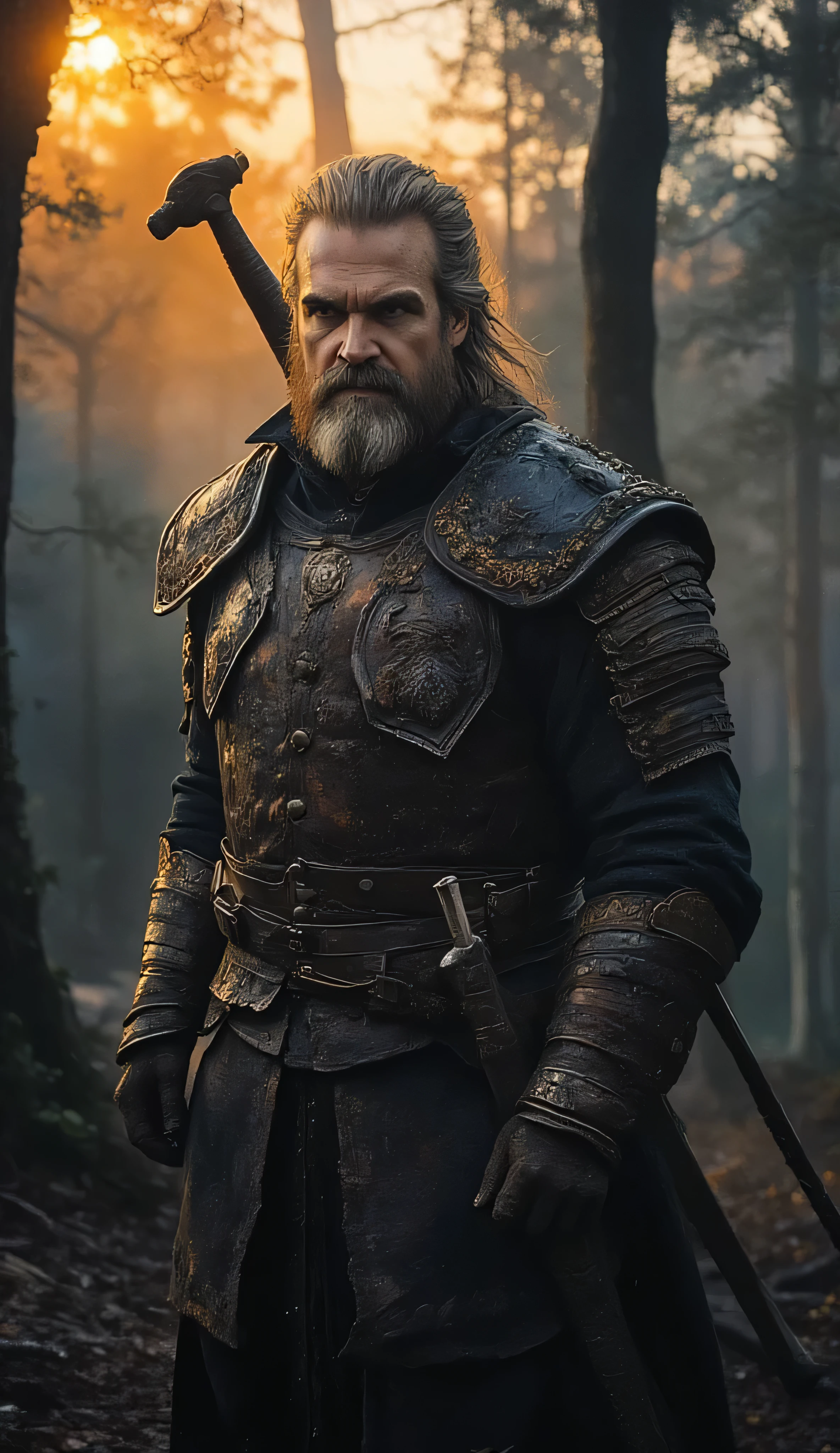 David Harbour as Vesemir, The Witcher, standing, dark medieval setting, long gray hair, short beard, deep wise eyes, years of battle experience, wears a weathered witcher’s armor, dark leather, steel plates, scars, scratches, boots, wolf insignia, sword rests on his back, misty forest, Kaer Morhen, orange glow of fading sunset, calm but stern expression, veteran warrior, mentor, hardened by time, gritty cinematic atmosphere, grounded in realism, strong contrast, rich textures, moody lighting, detailed, painterly realism, cowboy shot