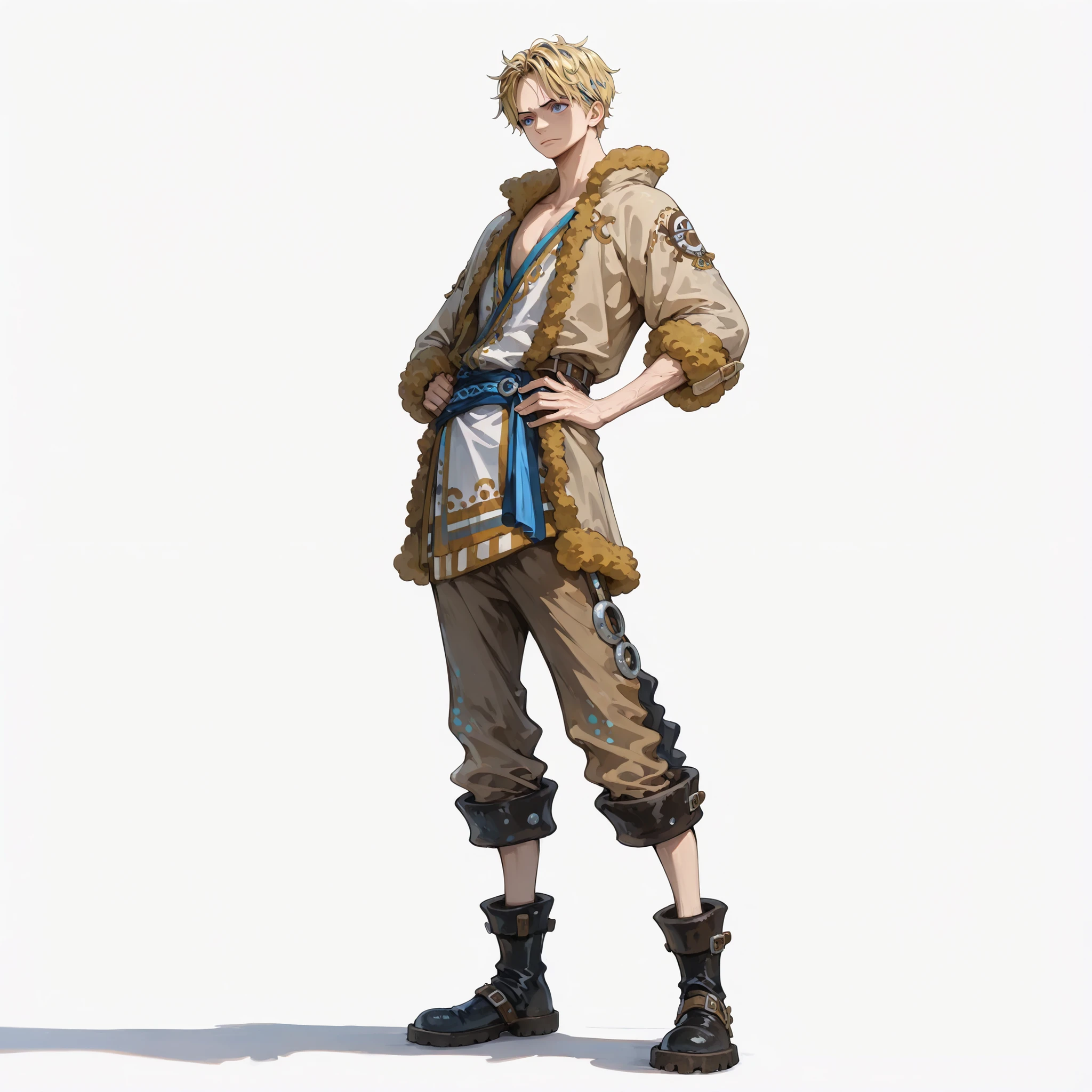 (male), (man), (slim body), (blonde hair), (short hair), (blue eyes), (solo), (single character), (full body version), (white background), (no background), (highly detailed), (shadow), (standing pose), (natural light), (detailed outfit), (detailed hand), (detailed face), (detailed hair)
Wearing a light brown pirate jacket with casual crew pirate style, loose pants, boots. (One piece style art),