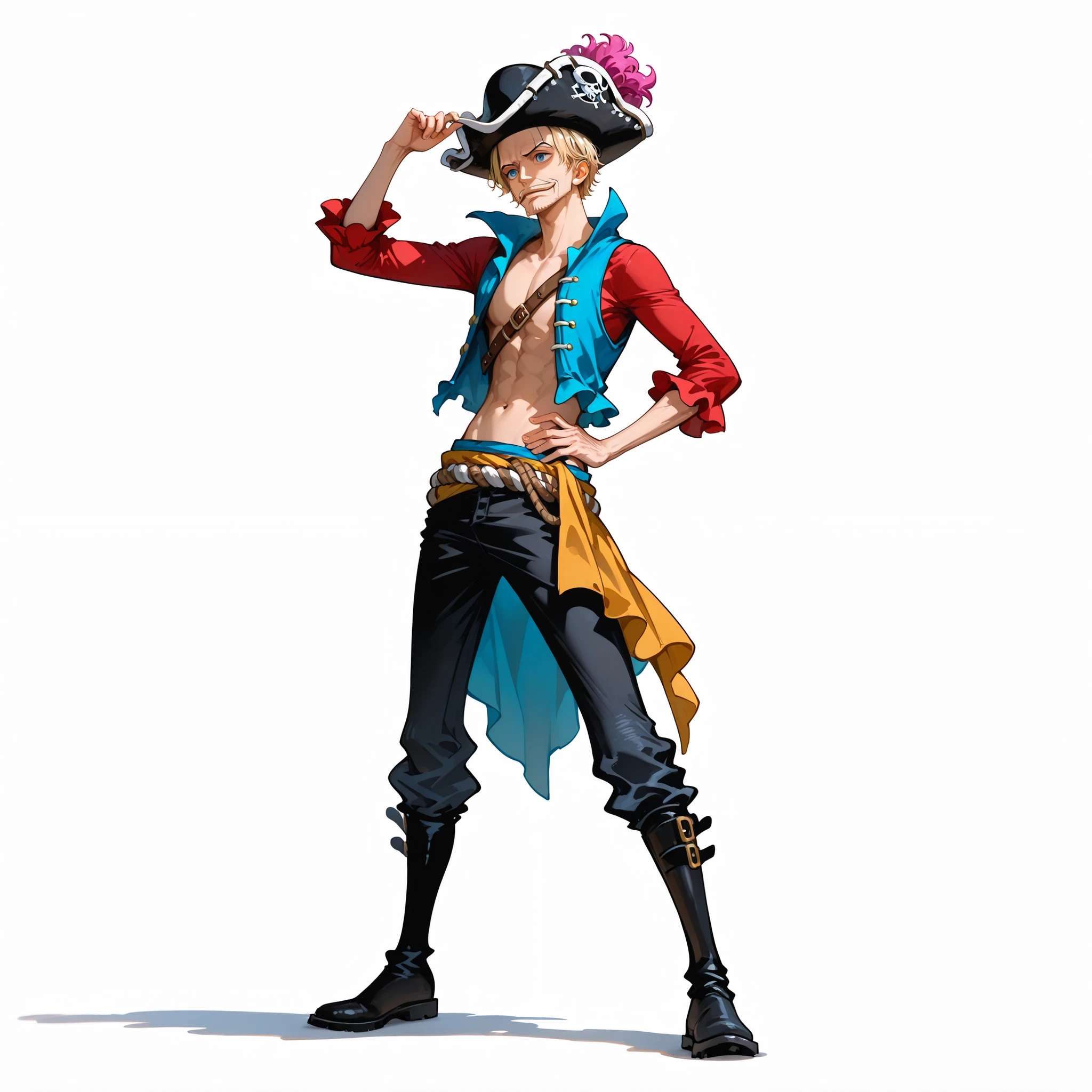 (male), (old man), (slim body), (blonde hair), (short hairstyle), (blue eyes), (solo), (single character), (full body version), (white background), (no background), (highly detailed), (shadow), (standing pose), (natural light), (detailed outfit), (detailed hand), (detailed face), (detailed hair),
Wearing a casual pirate-inspired outfit: loose open vest, short ragged pants, rope belt, boots, Musketeer hat, (One piece style art),