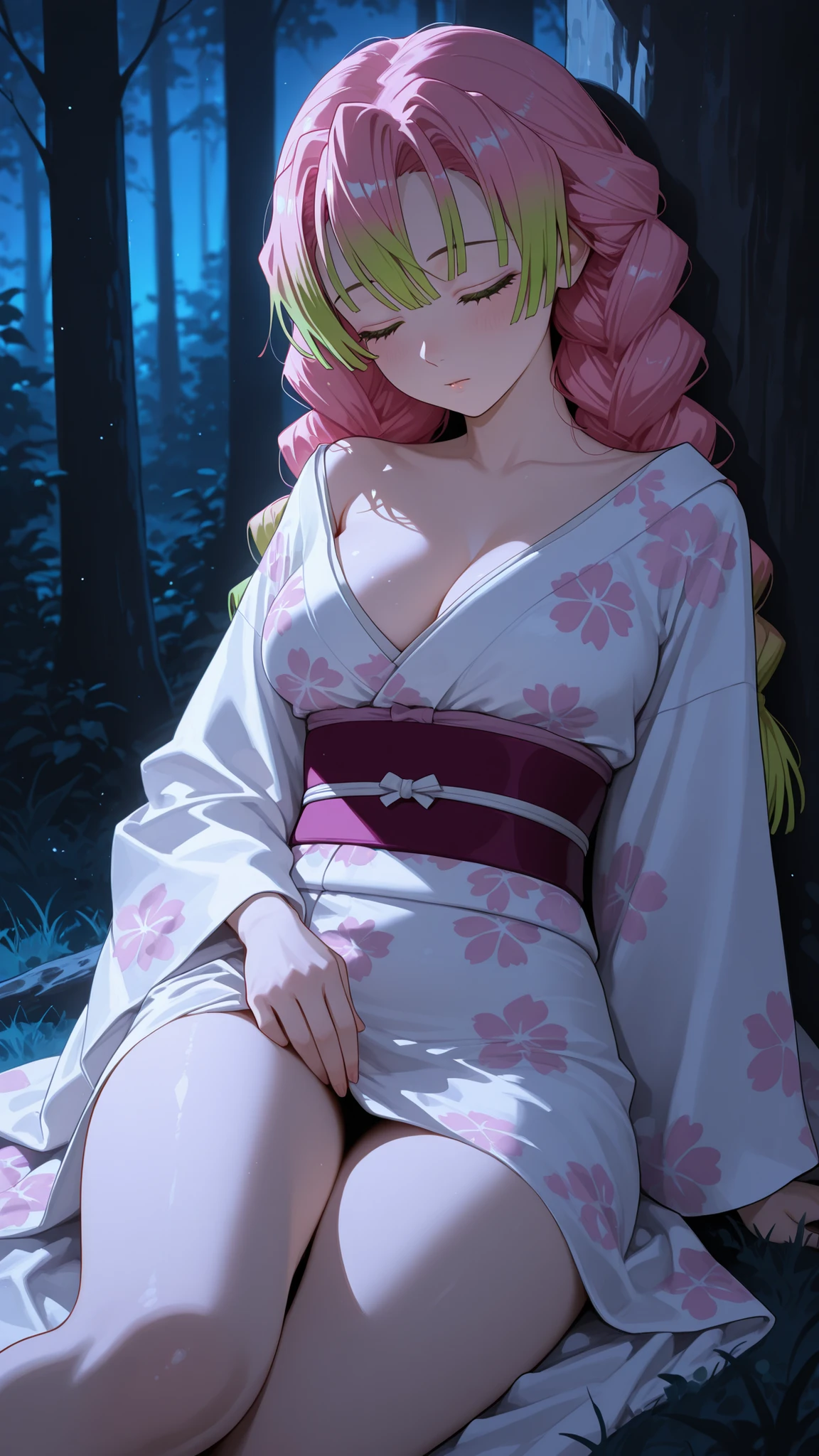 Masterpiece,Top Quality,1girl,single,absurdres,  green eyes  , single, Mitsuri Kanroji, Japanese white kimono, floral print, bright, waistband, Long sleeves, Wide Sleeves,Demon Slayer Kanaji Mitsuri's characteristic hair style, pink and green hair, bangs, In the forest, lawn, night , slightly dim lighting, Sleeping while sitting with her back against a tree, eyes closed, Bare-skinned, 허벅지 어깨 Bare-skinned, nacked,Slightly lowered shoulder, pose showing thighs slightly,