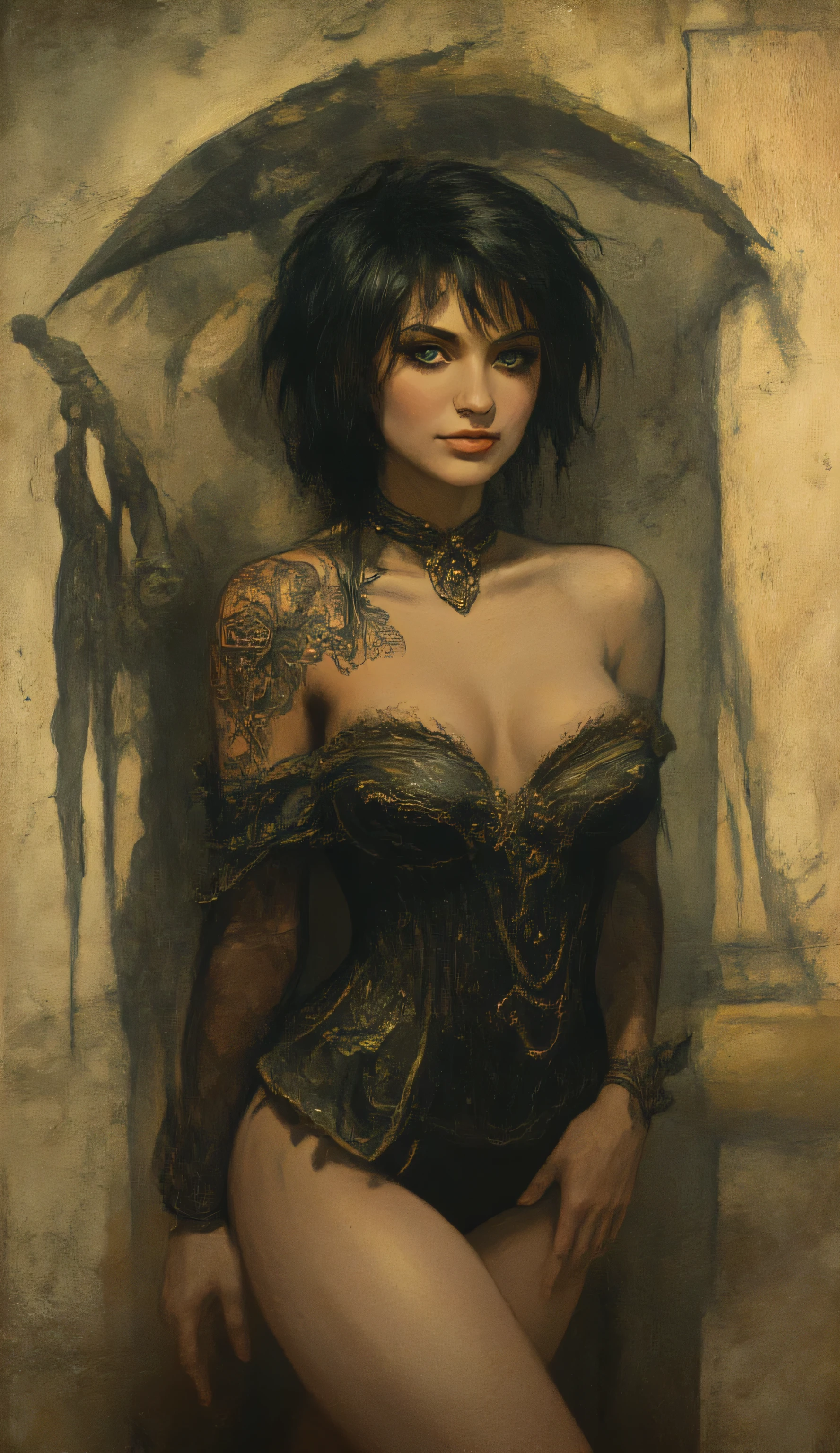 Incredibly detailed illustration of a stunningly attractive European Woman, devastatingly pretty face, she is an Eccentric Gothic woman in her early 20s with untamed short black hair, black low cut corset, impressive cleavage, large natural breasts, and boyshorts, adorned with an ankh tattoo, slender yet curvy figure, pale skin, with shadow resembling grim reaper on ancient wall, styled with dynamic lighting, hyperdetailed, and intricately detailed, inspired by Greg Rutkowski, Artgerm, with deep colors, and volumetric lighting, in an Unreal Engine 5 style.