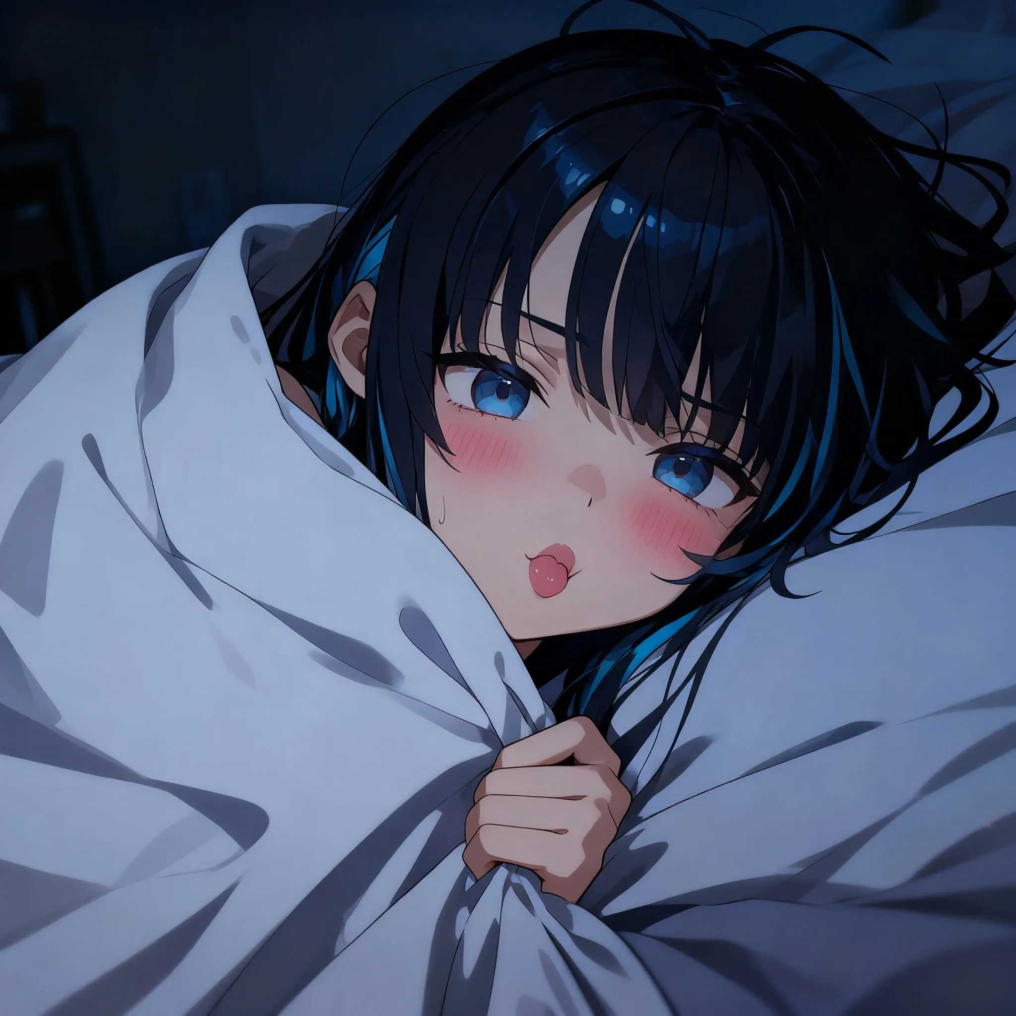 Masterpiece, Best quality, solo female, young girl, sister-like, blue eyes color, long hair, black color hair, teary eyes, crying, sparkless eyes, depression eyes, hopeless expression, anxiety, messy, flower hairpin, anime, illustration, full body, body covered in blanket, room background 